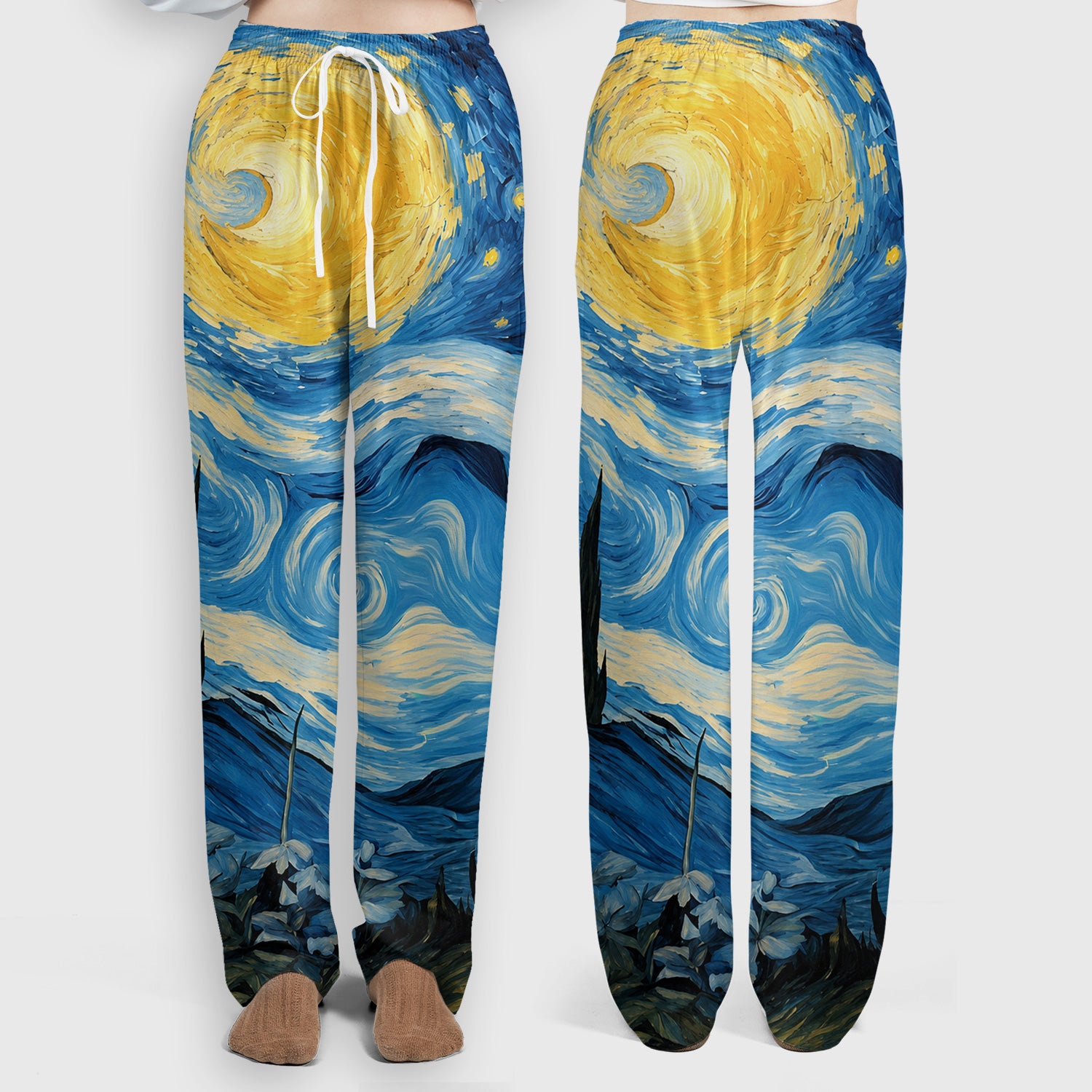 Swirling Moonlit Cat Scene Print Scrub Set, Scrub Pants and V Neck Top