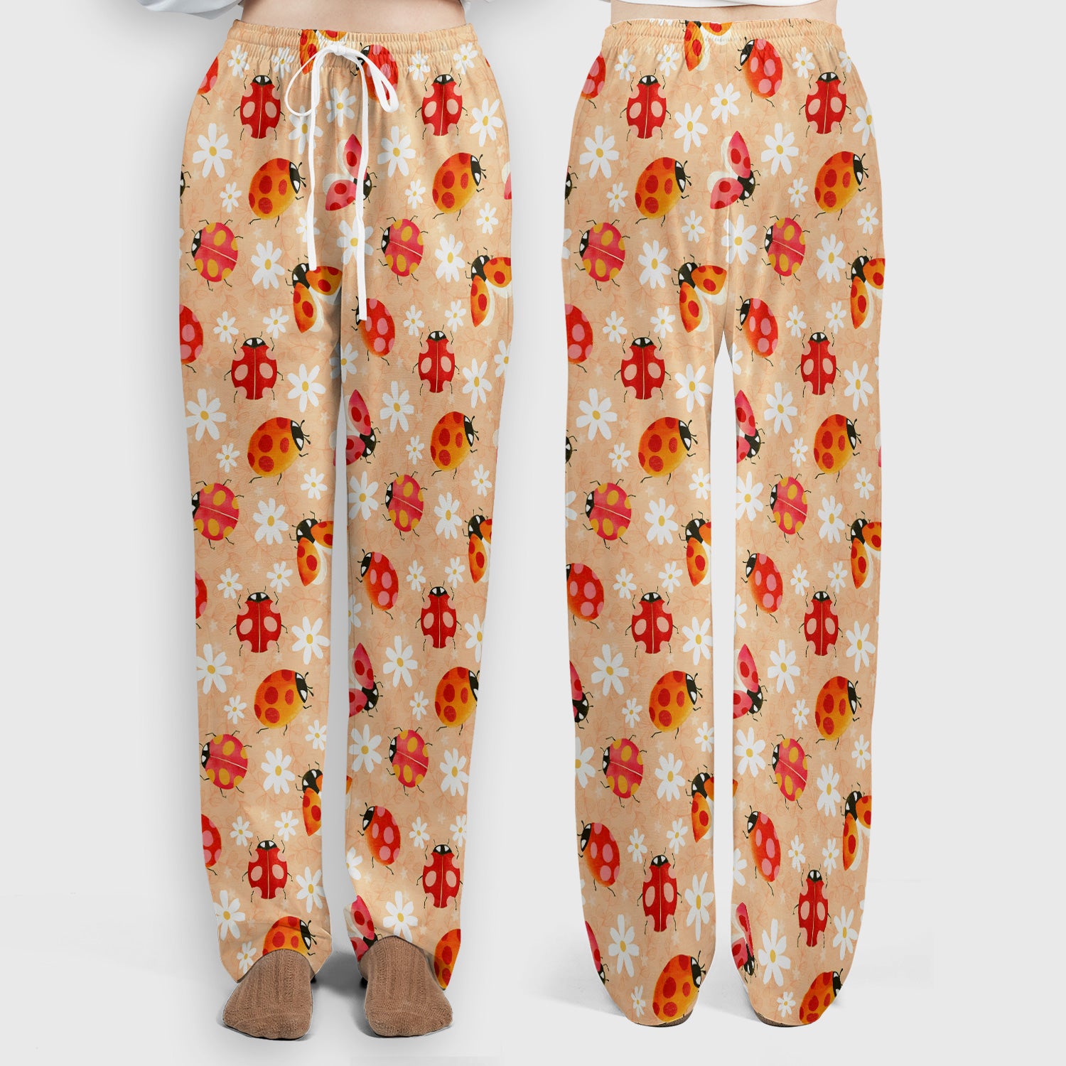 Ladybug Daisy Floral Pattern Scrub Set, Scrub Pants and V Neck Top