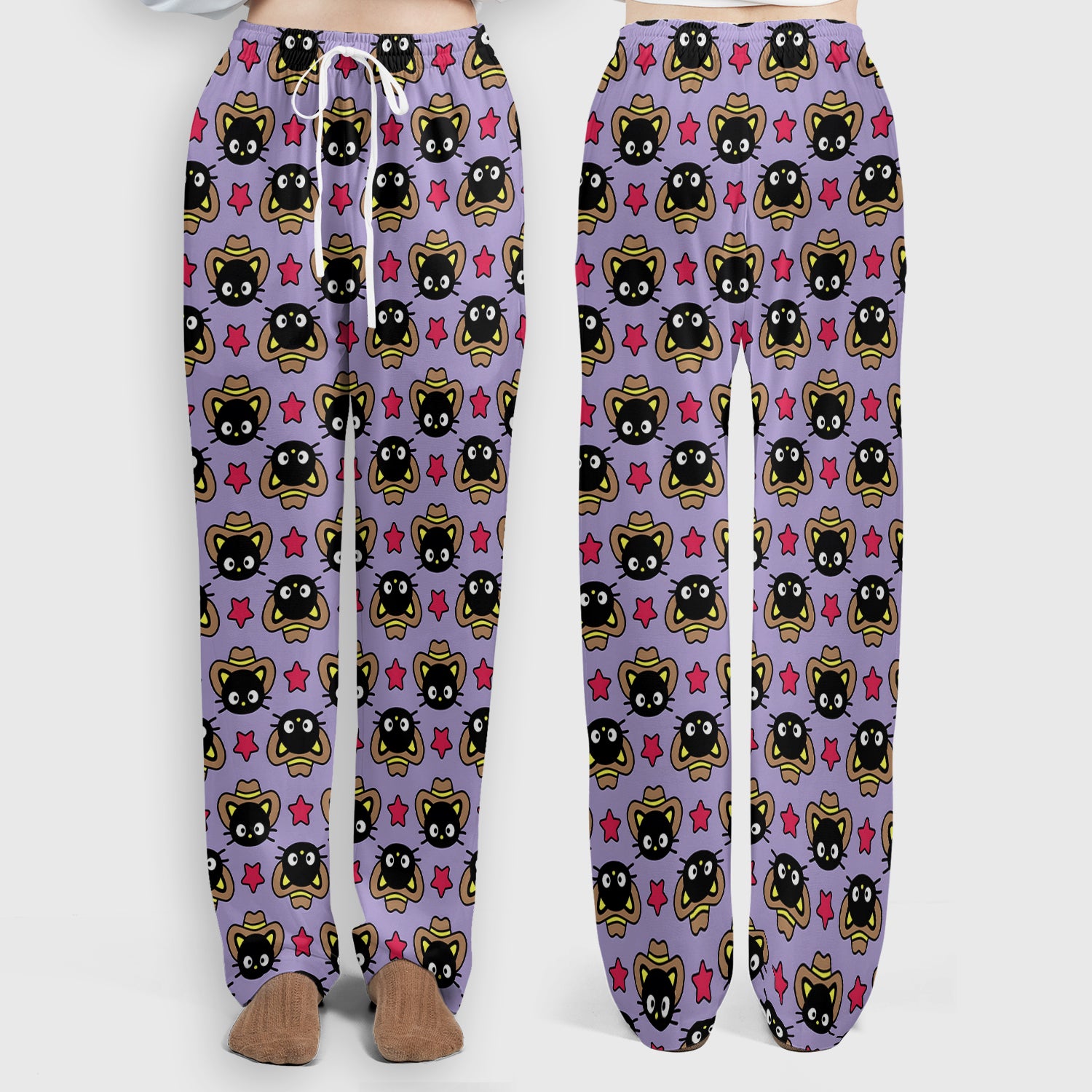 Cute Cartoon Cowboy Cat Pattern Scrub Set, Scrub Pants and V Neck Top