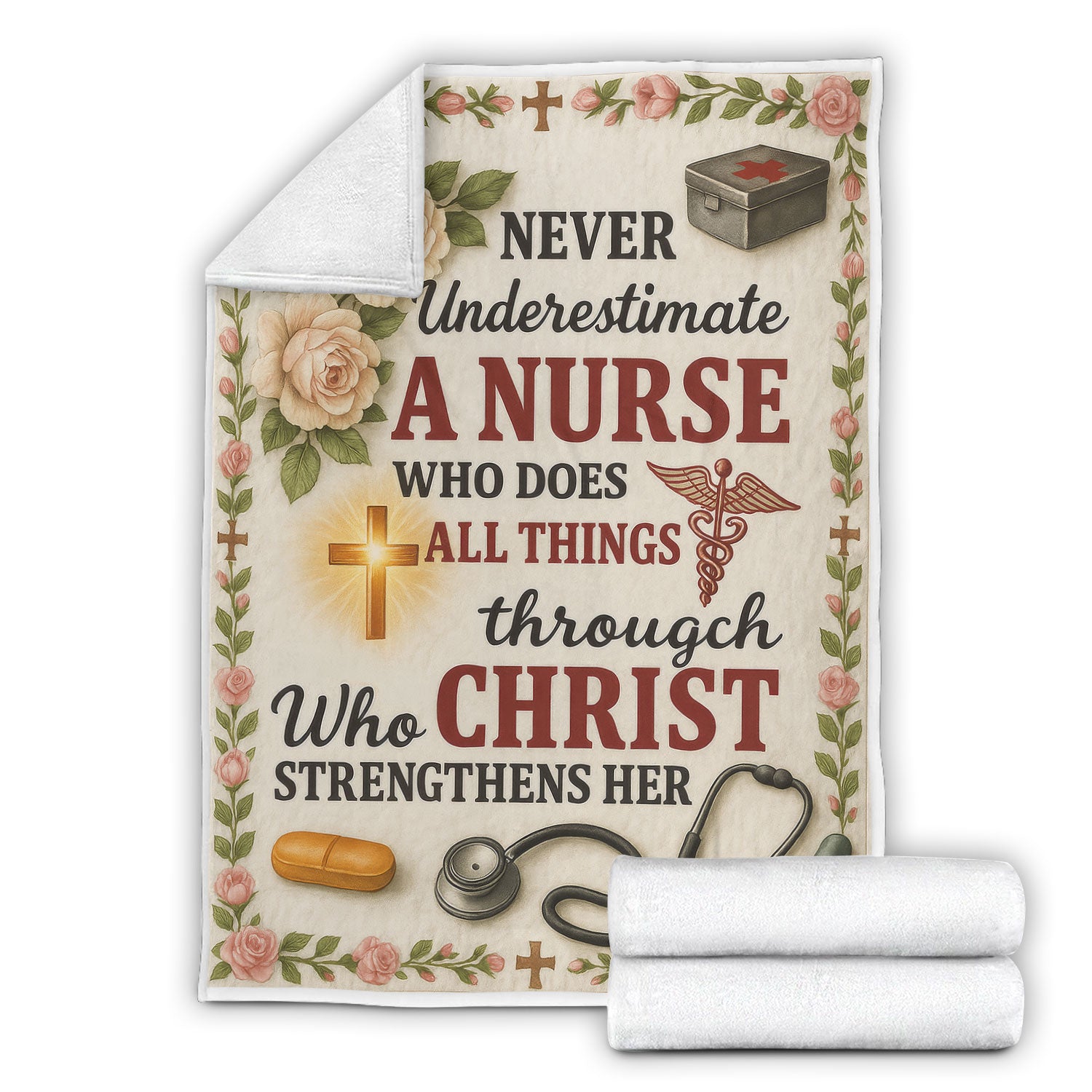 Faith-Based Nurse Blanket - Never Underestimate a Nurse Through Christ Design - Religious Gift for RN CNA LPN Women Healthcare Workers