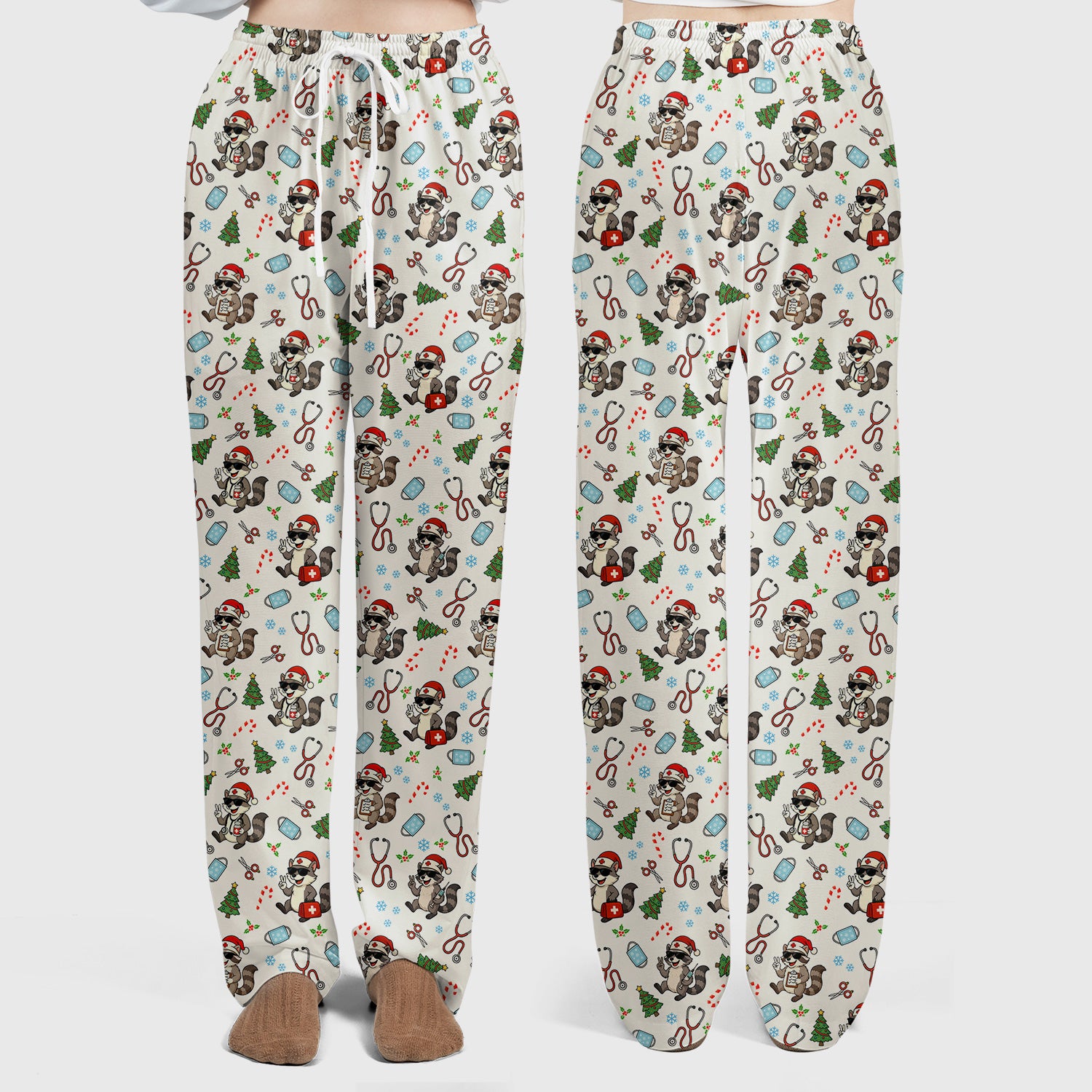 Funny Christmas Nurse Scrub Set - Raccoon Pattern with Santa Hat, Stethoscope and Tree - Cute Holiday Medical Scrubs Pants and Top Gift for RN CNA LPN