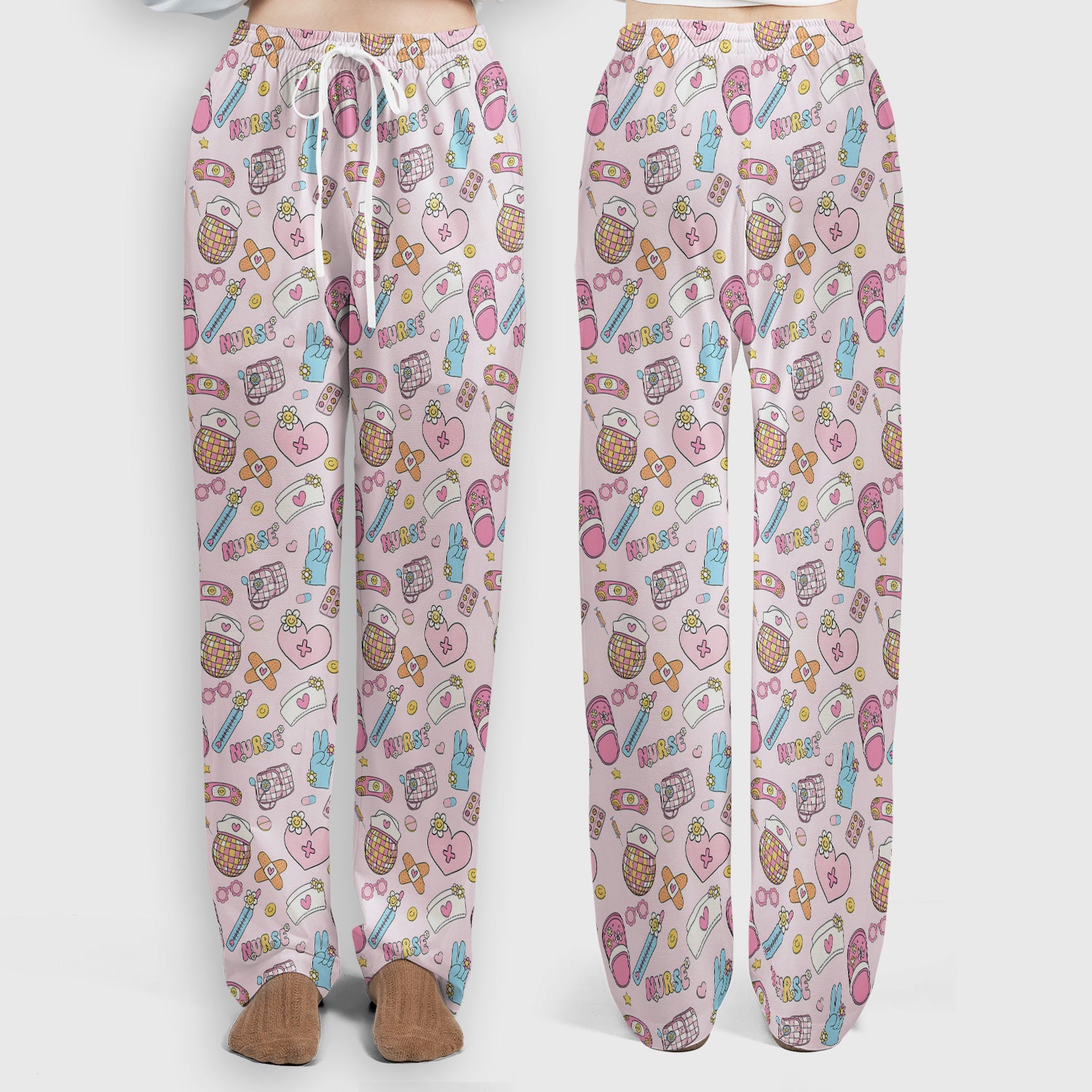 Cute Nurse Pink Medical Tools Pattern Scrub Set, Scrub Pants and V Neck Top