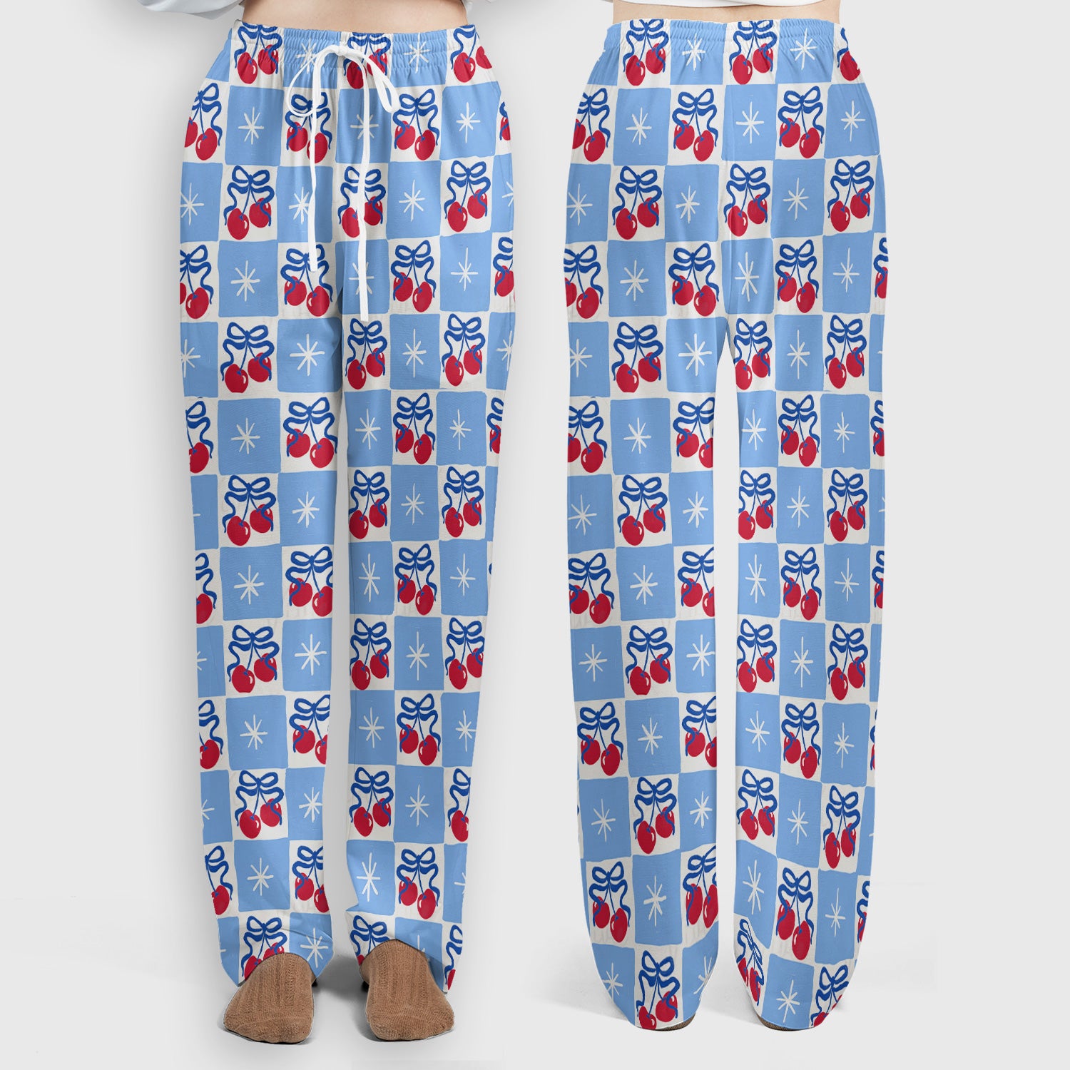 Cute Cherry Bow With Blue Gingham Check Pattern Scrub Set, Scrub Pants and V Neck Top