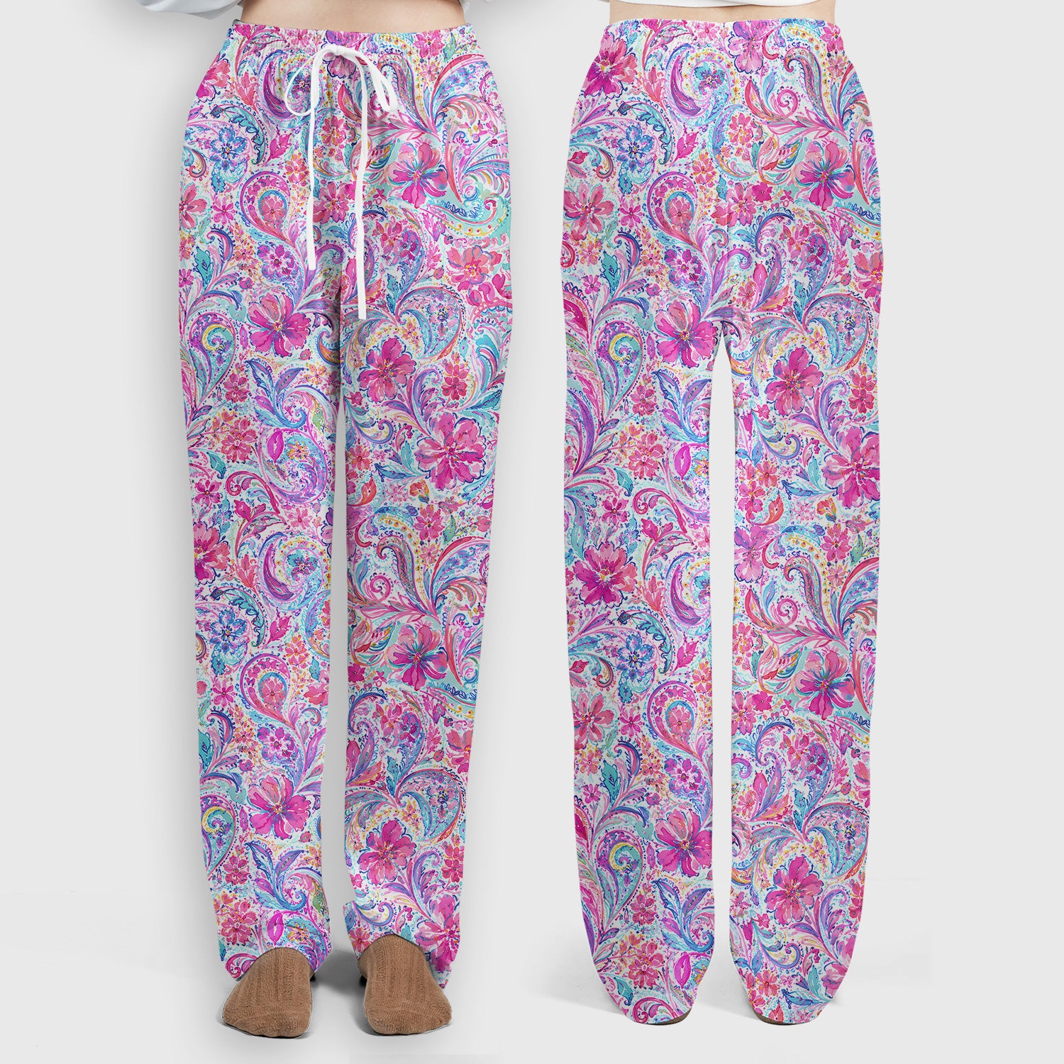 Elegant Pink Paisley Blossom Pattern Scrub Set, Scrub Pants and V Neck Top