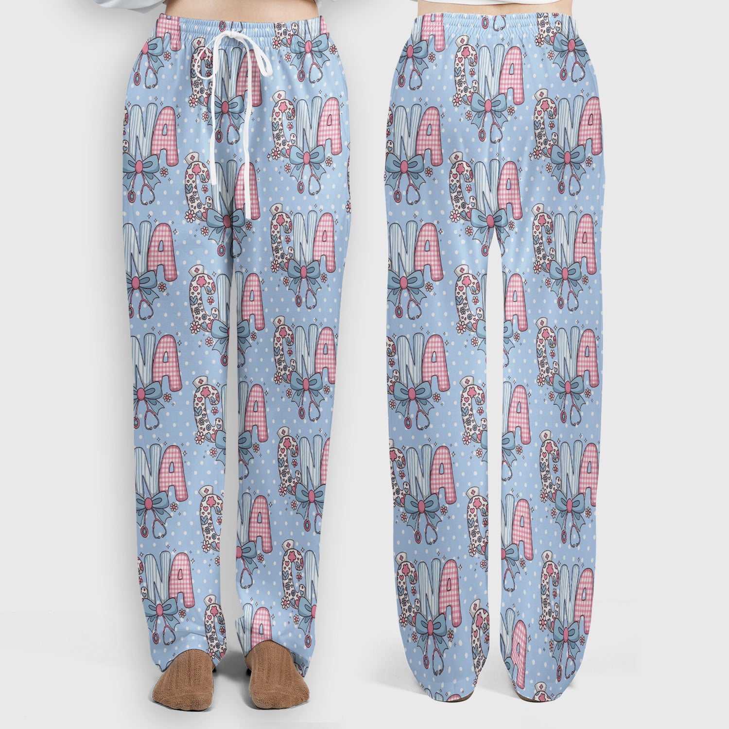 Cute CNA Floral Bow Pattern Scrub Set, Scrub Pants and V Neck Top, Breathable Med Uniform