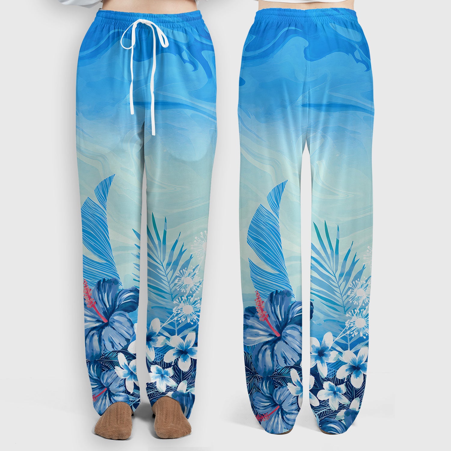 Elegant Blue Tropical Floral Pattern Scrub Set, Scrub Pants and V Neck Top