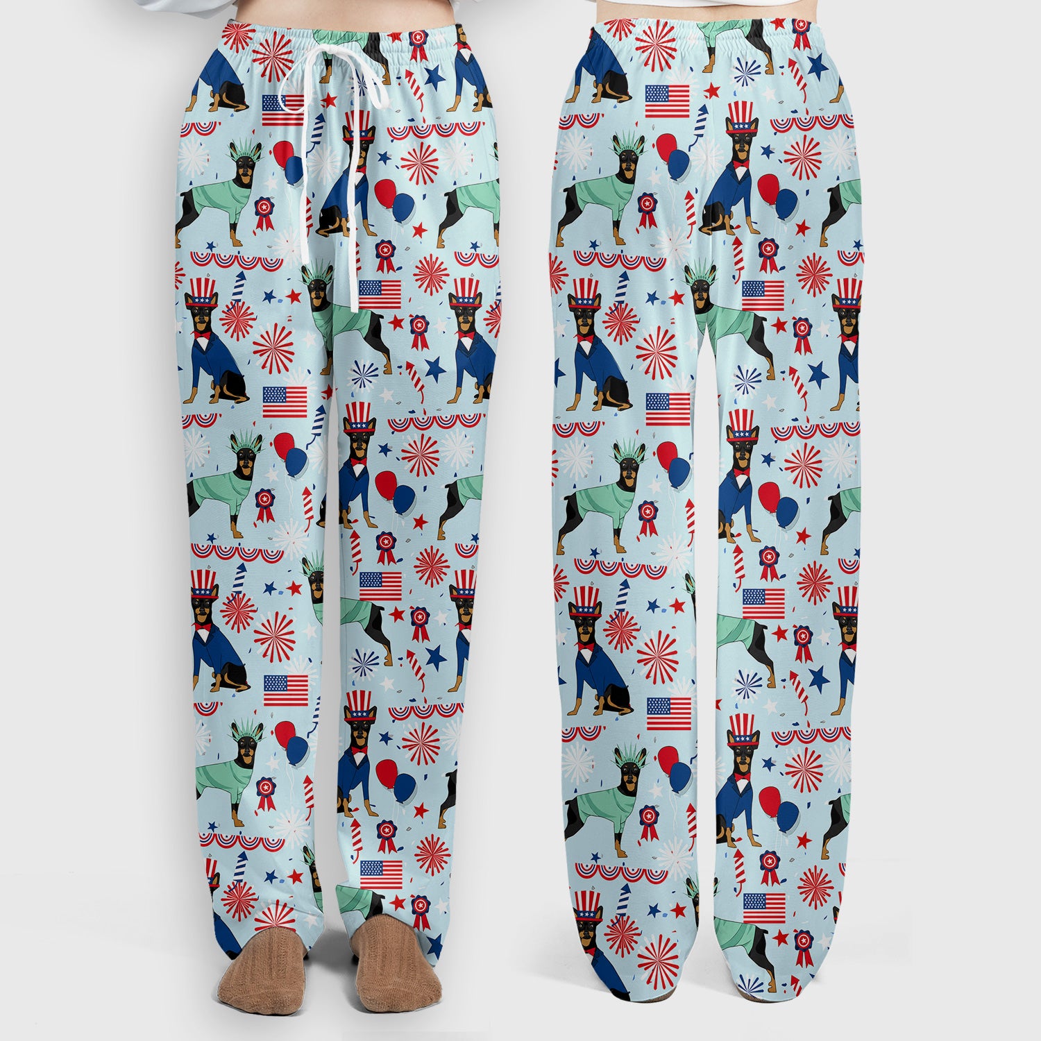 Patriotic Doberman Liberty Fireworks Pattern Scrub Set, Scrub Pants and V Neck Top