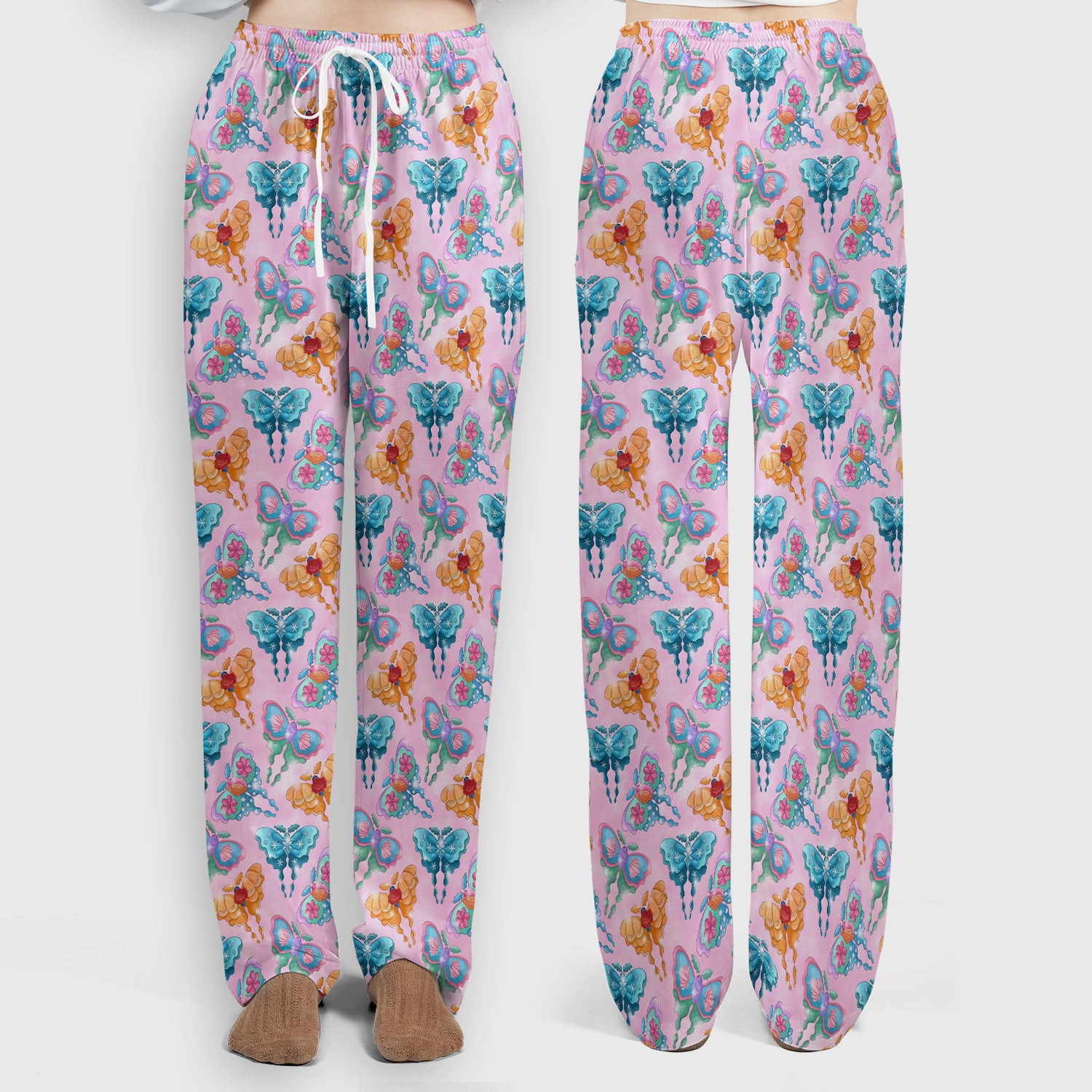 Colorful Butterfly With Floral Blossom Pattern Scrub Set, Scrub Pants and V Neck Top