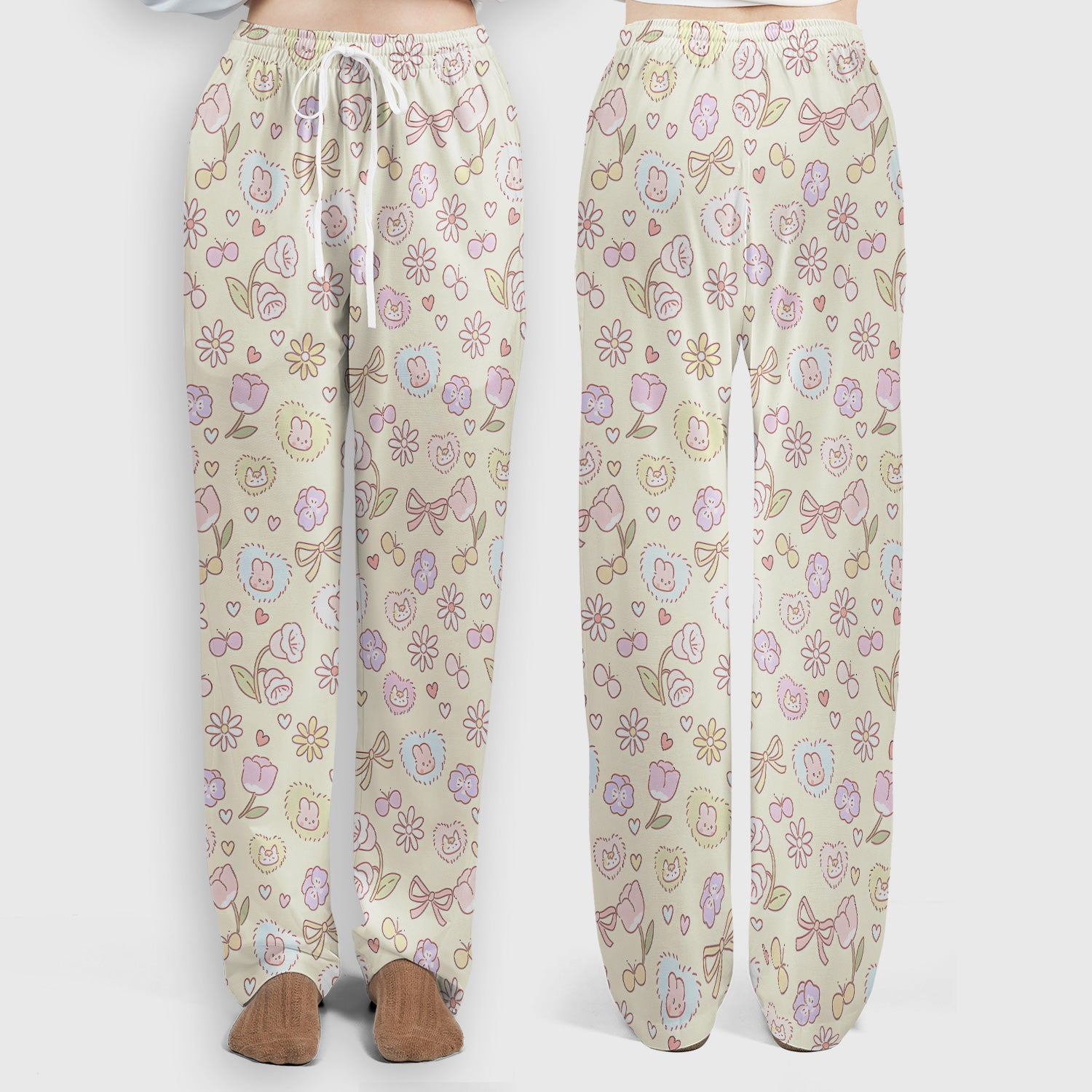 Pastel Bunny Flower Heart Pattern Nurse Scrub Set, Scrub Pants and V Neck Top