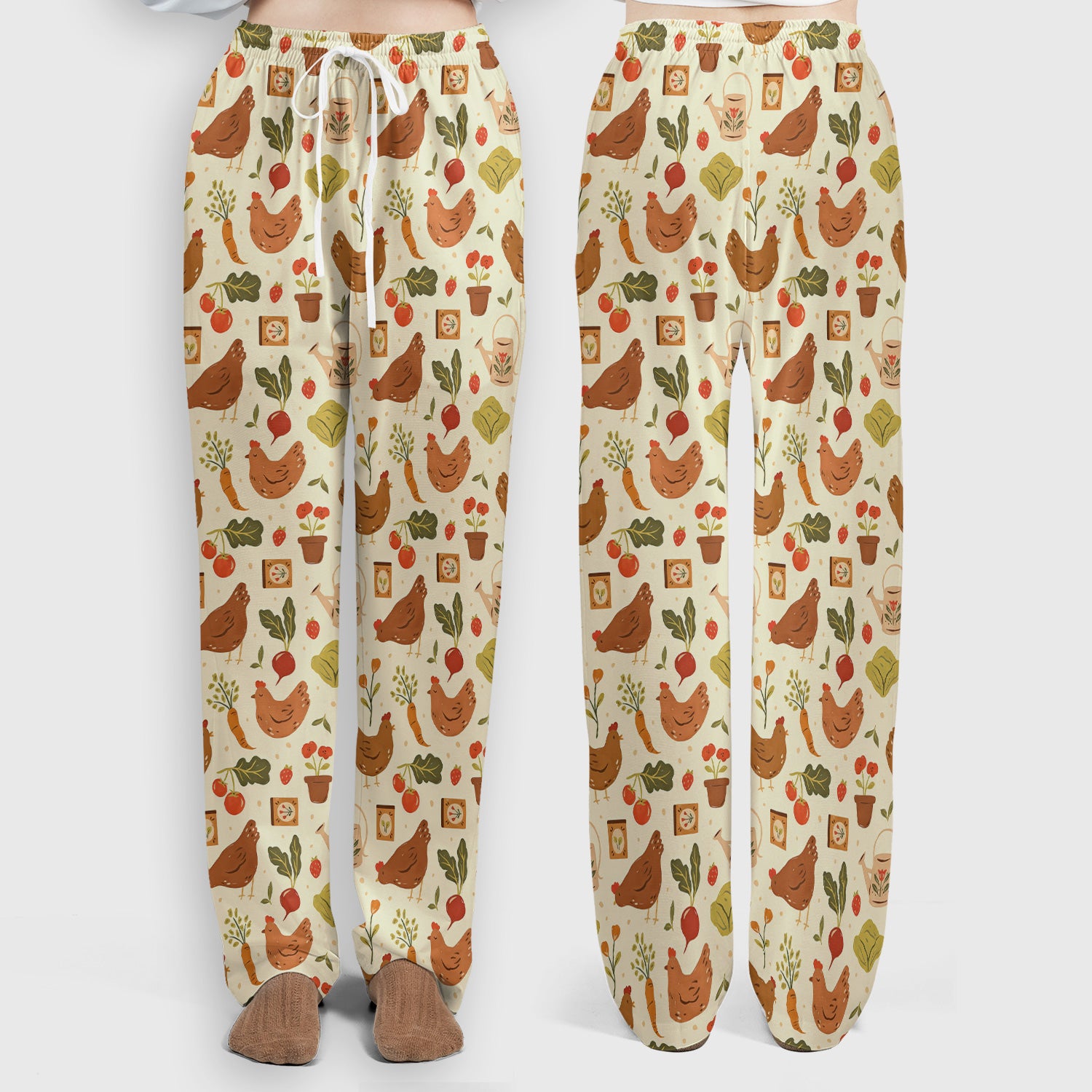 Rustic Farm Chicken Garden Vegetable Pattern Scrub Set, Scrub Pants and V Neck Top