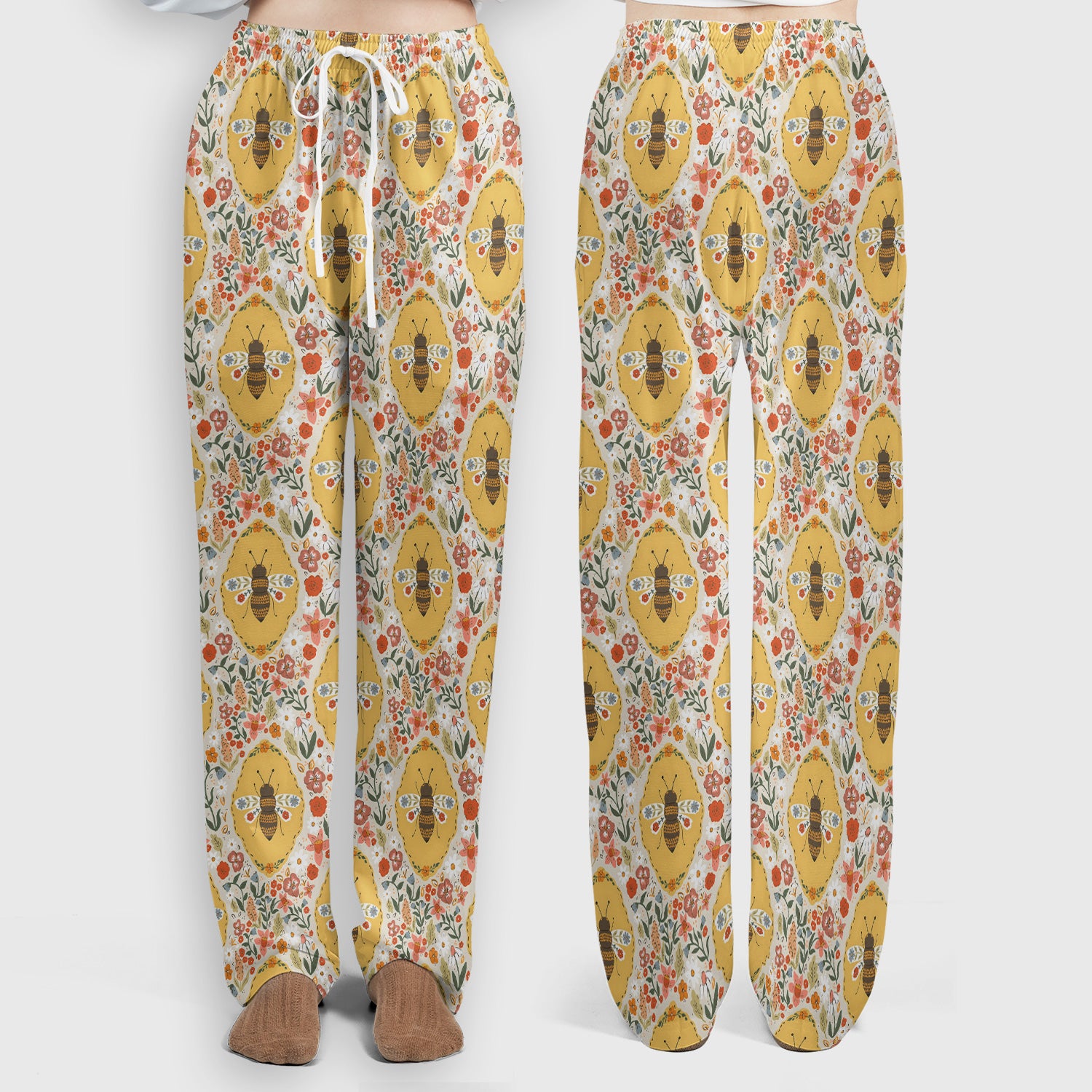 Vintage Honeybee Floral Garden Pattern Nurse Scrub Set, Scrub Pants and V Neck Top