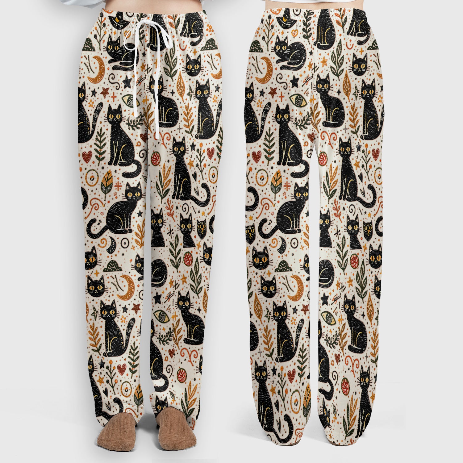 Mystic Black Cat Celestial Doodle Pattern Scrub Set, Scrub Pants and V Neck Top