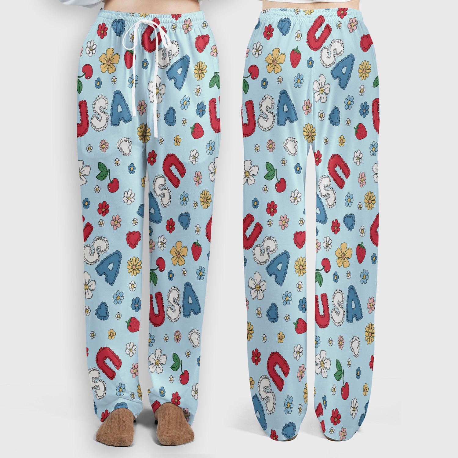 USA Cherry Strawberry Floral Patch Pattern Scrub Set, Scrub Pants and V Neck Top
