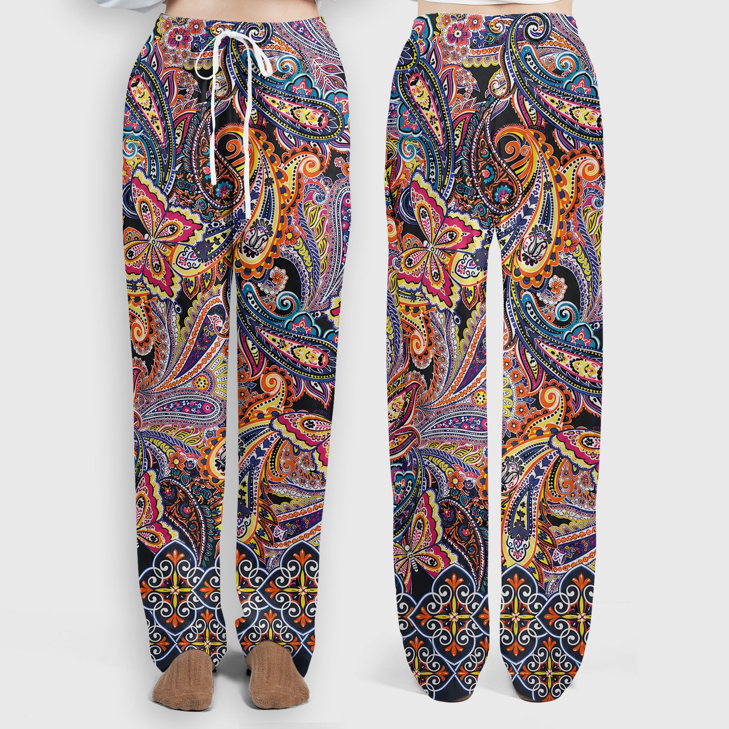 Colorful Bohemian Paisley Floral Pattern Scrub Set, Scrub Pants and V Neck Top