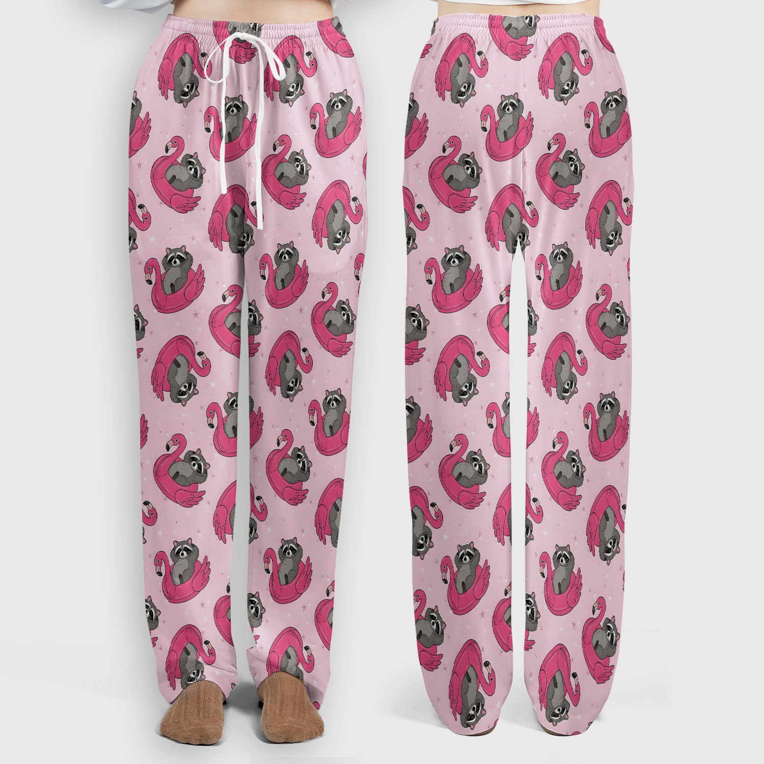 Cute Raccoon Flamingo Float Pattern Scrub Set, Scrub Pants and V Neck Top