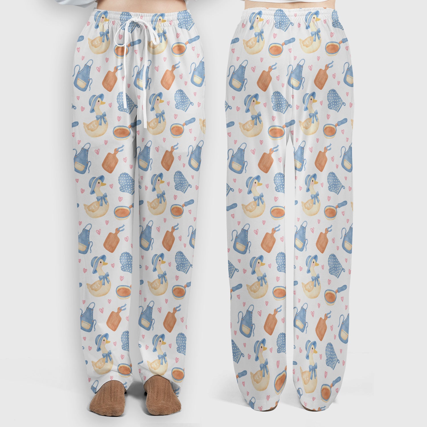 Duck Apron Kitchen Utensil Heart Pattern Scrub Set, Scrub Pants and V Neck Top