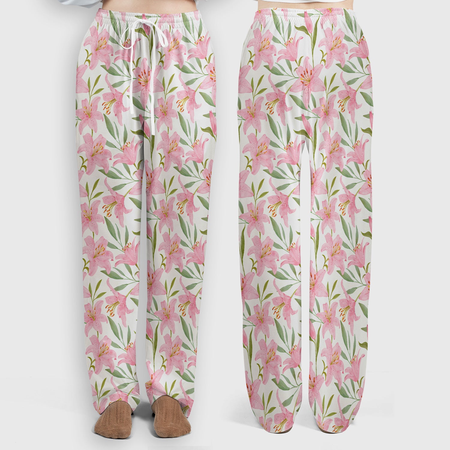 Cute Pink Lily Floral Nurse Pattern Scrub Set, Scrub Pants and V Neck Top