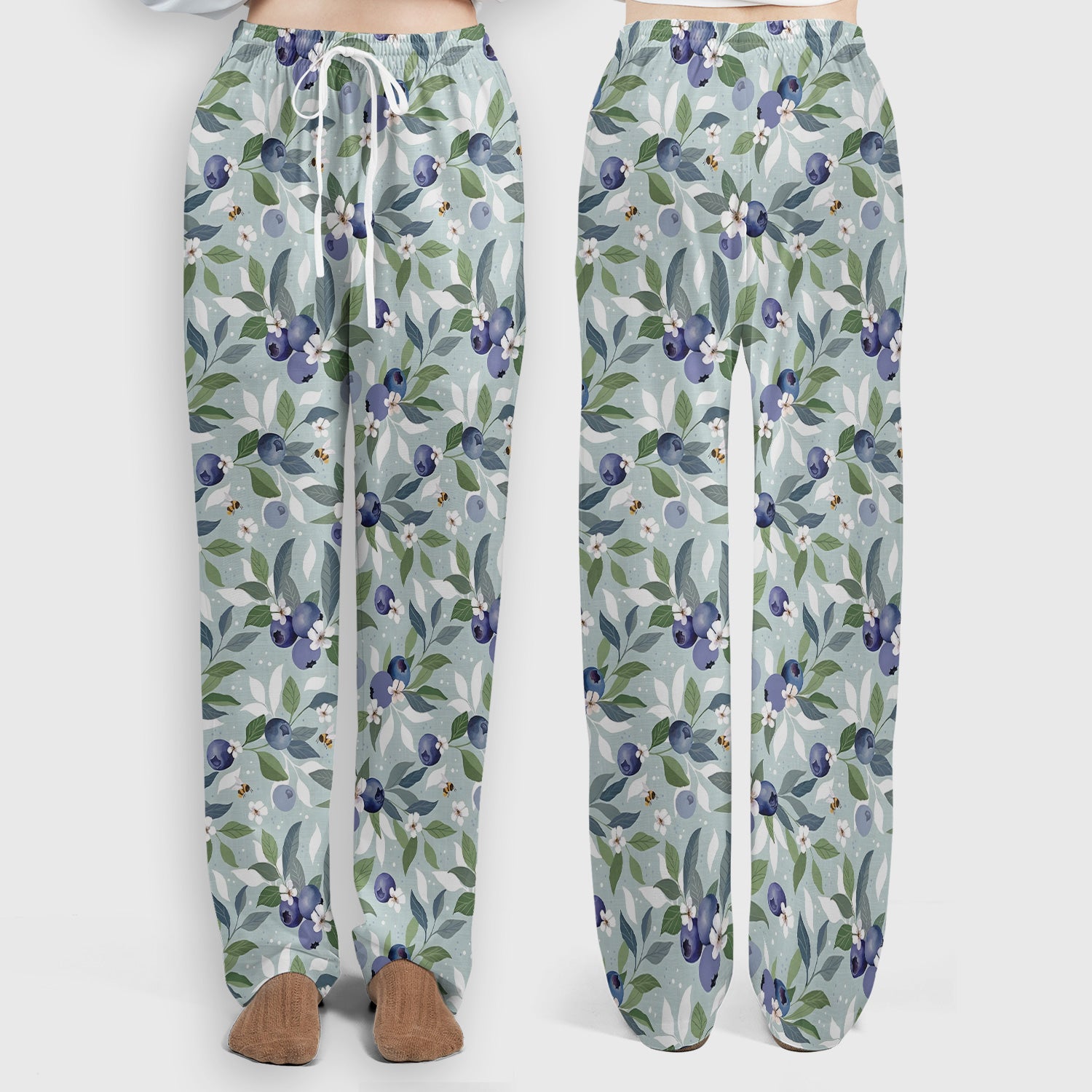 Fresh Blueberry Blossom Garden Pattern Nurse Scrub Set, Scrub Pants and V Neck Top
