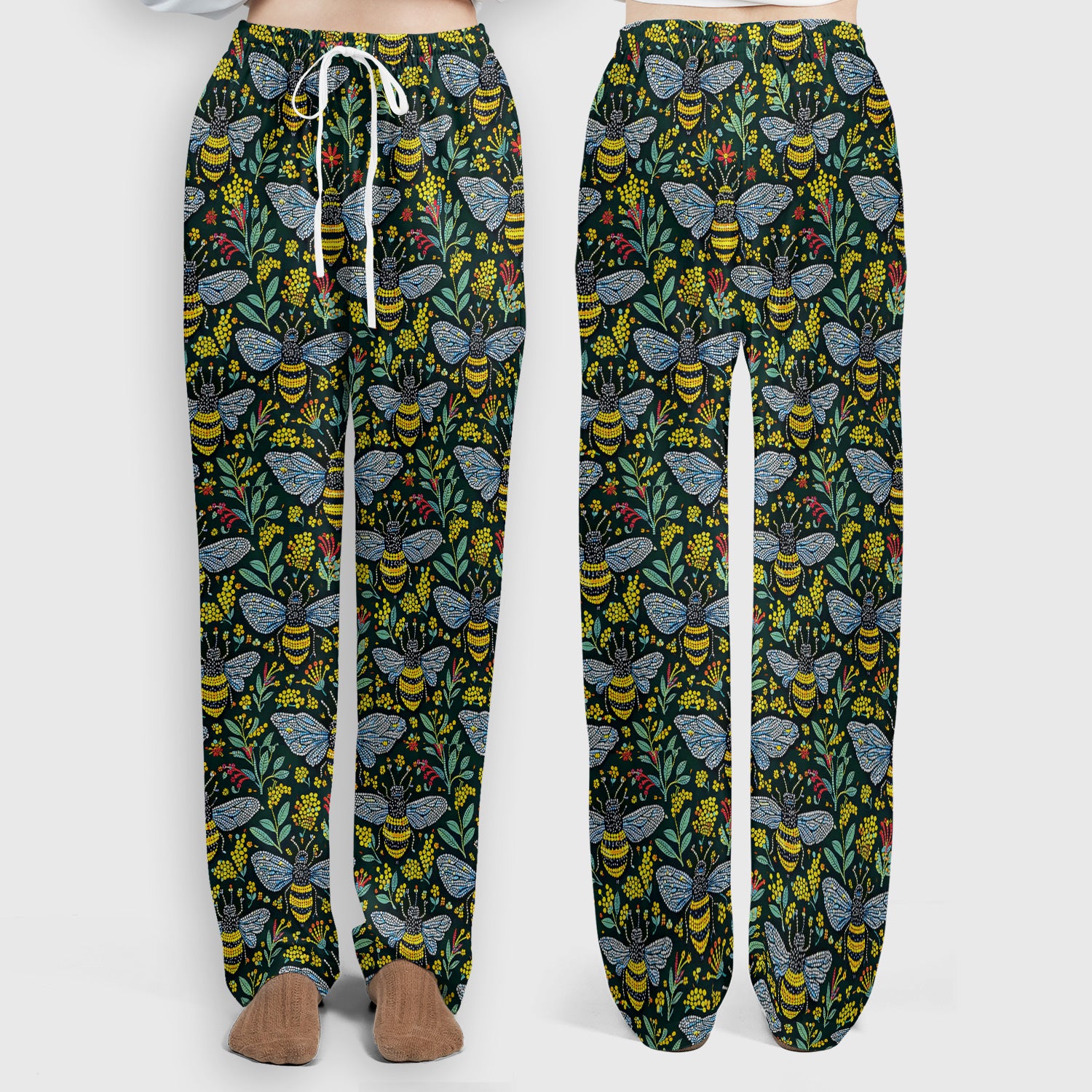 Honey Bee And Wildflower Garden Pattern Scrub Set, Scrub Pants and V Neck Top