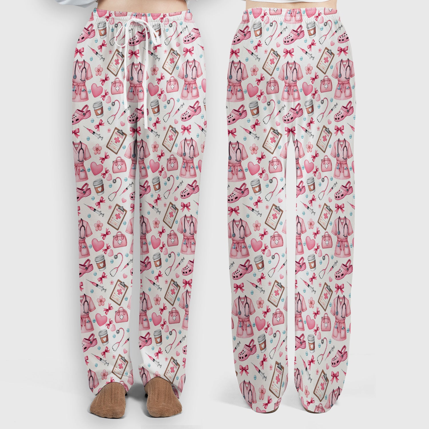 Valentine Pink Nurse Icons Print Women's Scrub Set, Breathable Med Uniform