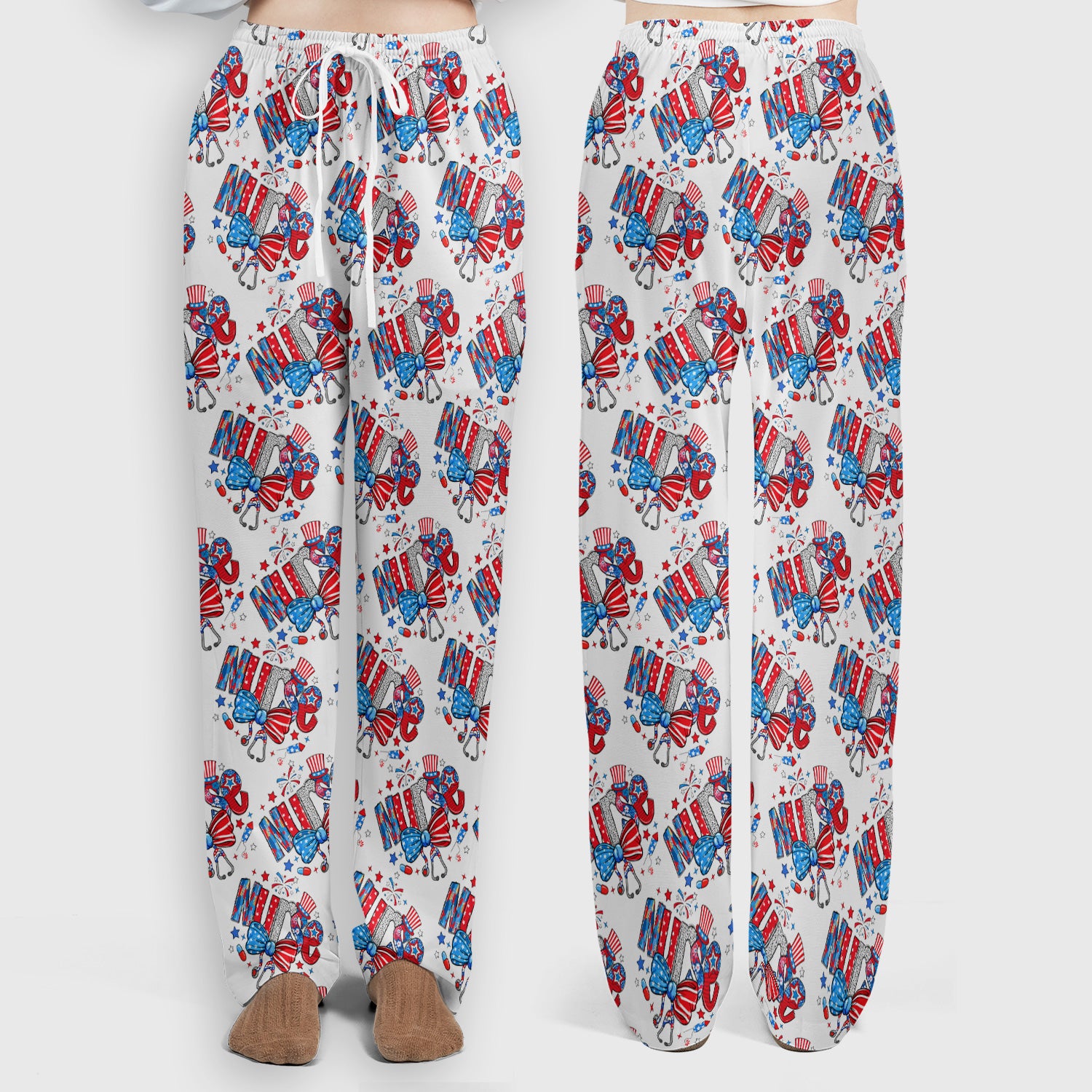 USA Nurse Stethoscope Patriotic Bow Hat Pattern Scrub Sets, Scrub Pants and V Neck Top