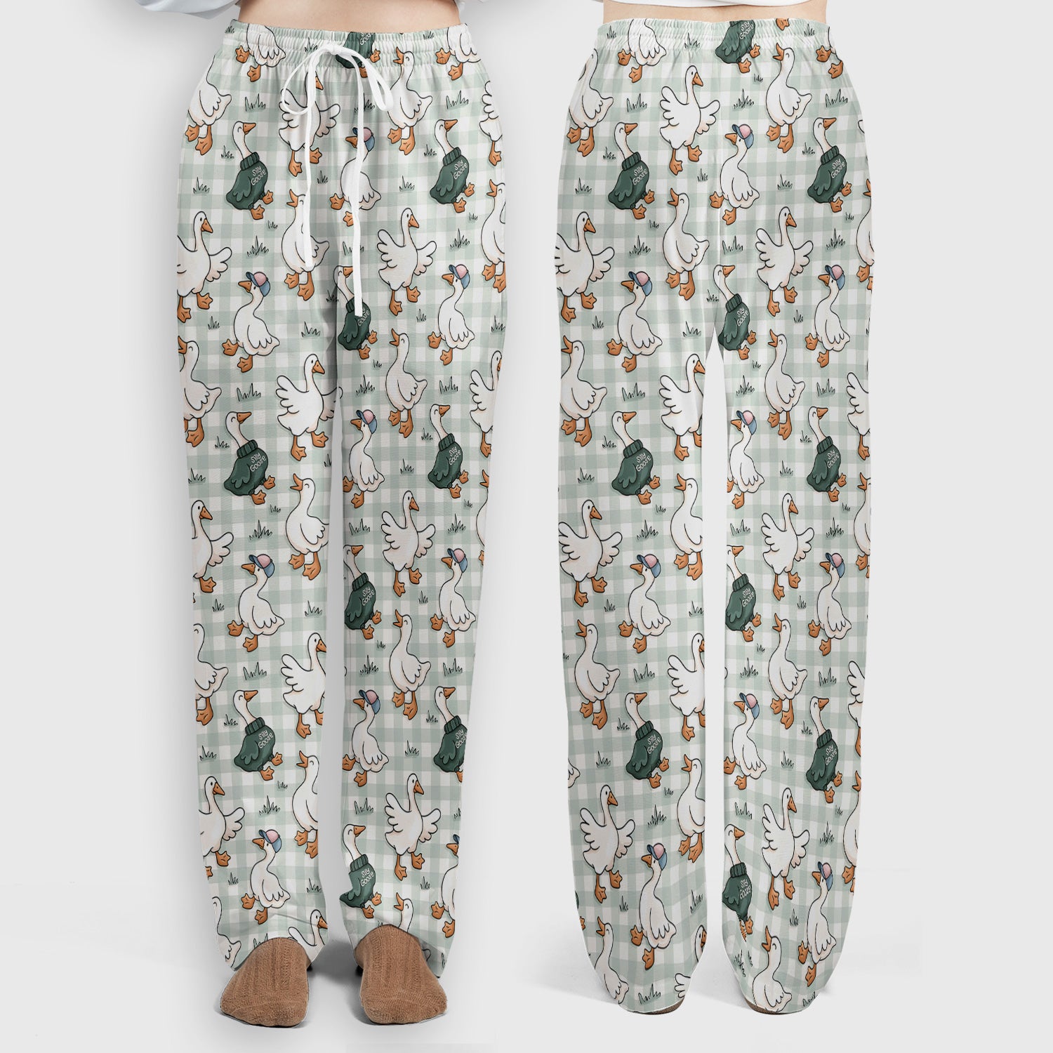 Funny Goose Wearing Sweater On Plaid Background Pattern Scrub Set, Scrub Pants and V Neck Top