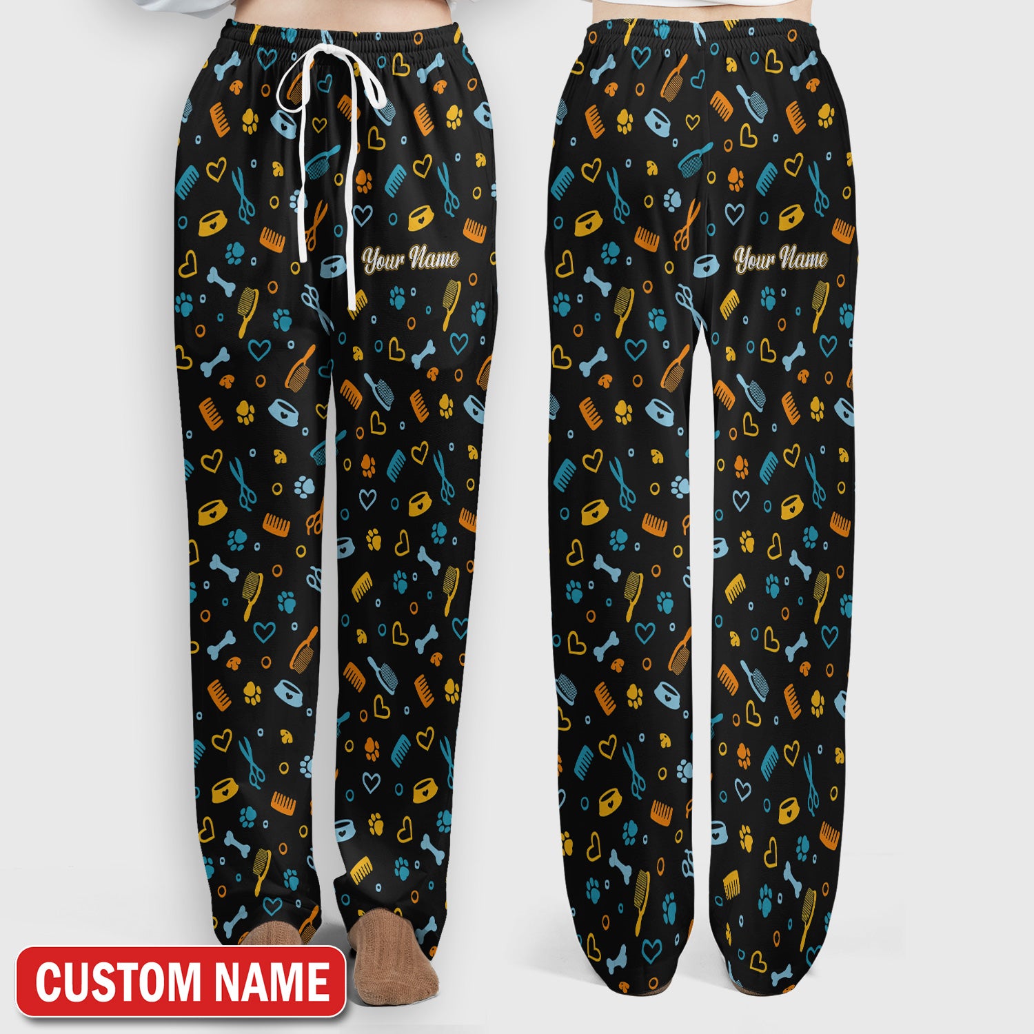 Custom Name Dog Cat Grooming Pattern Scrub Set, Scrub Pants and V Neck Top