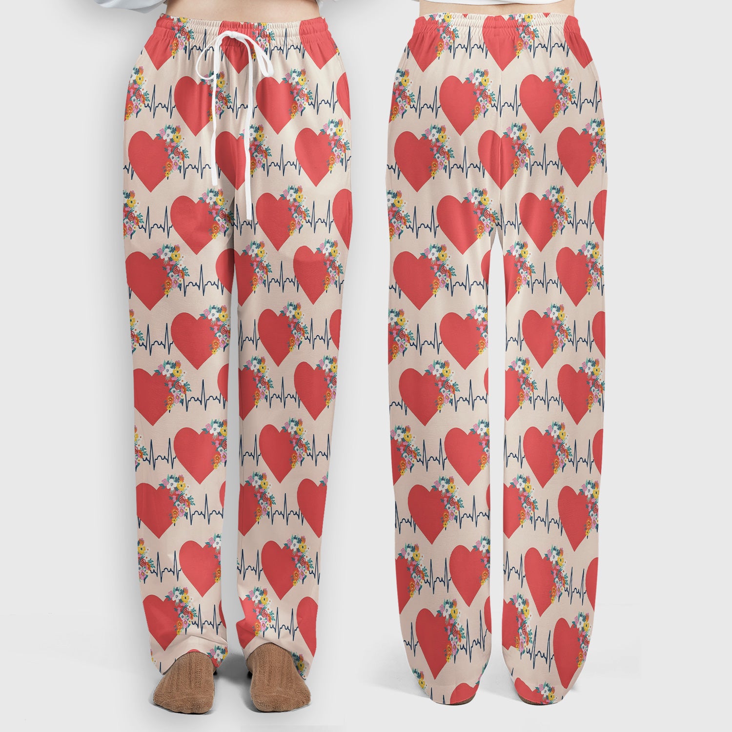 Nurse Heartbeat Floral Pattern Scrub Set, Scrub Pants and V Neck Top