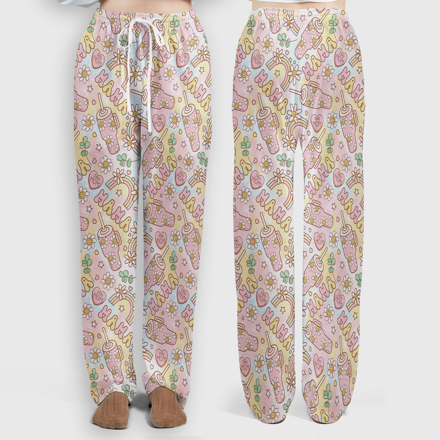 Sweet Nurse Mama Daisy Rainbow Pattern Scrub Set, Scrub Pants and V Neck Top
