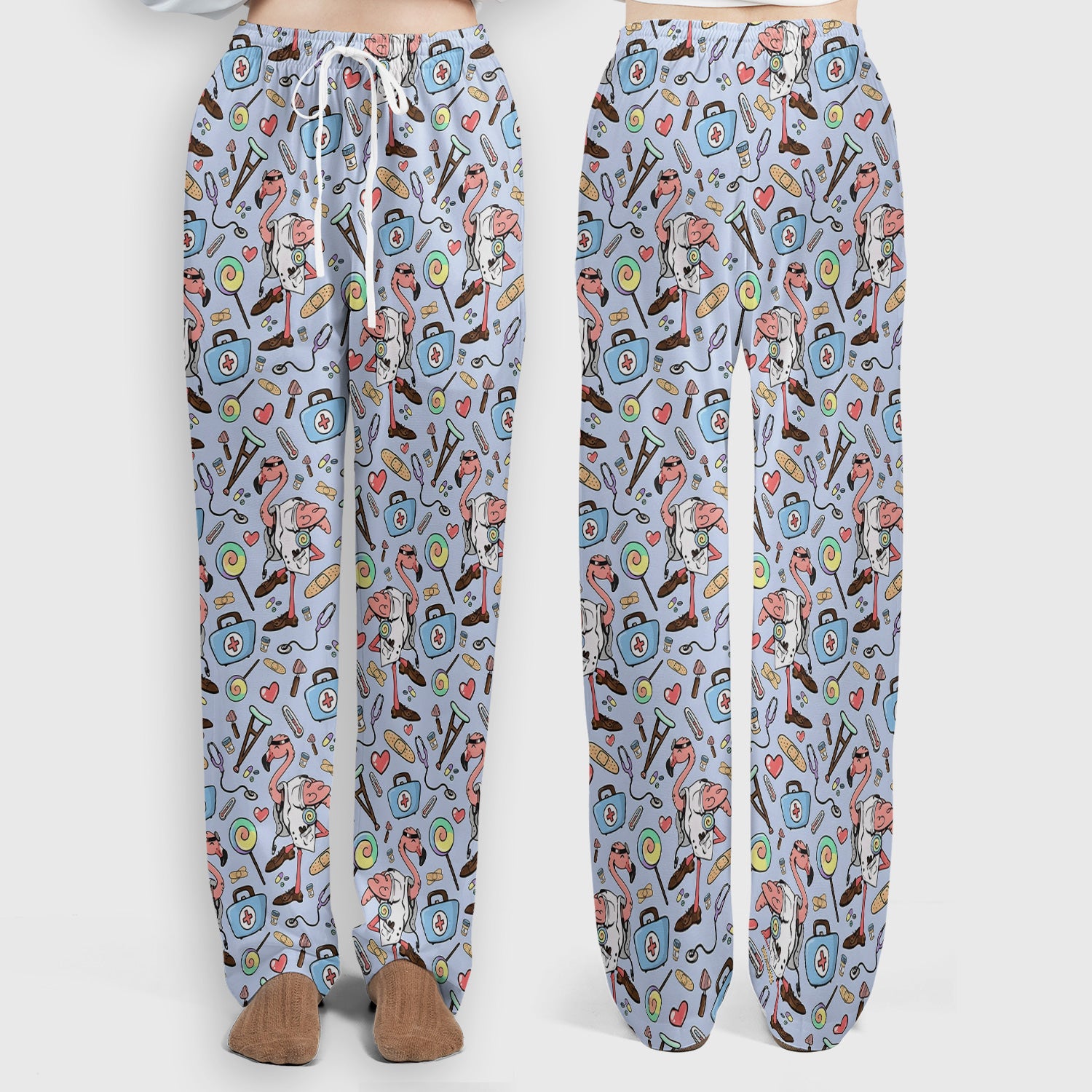 Flamingo Nurse Medical Care Pattern Scrub Set, Scrub Pants and V Neck Top