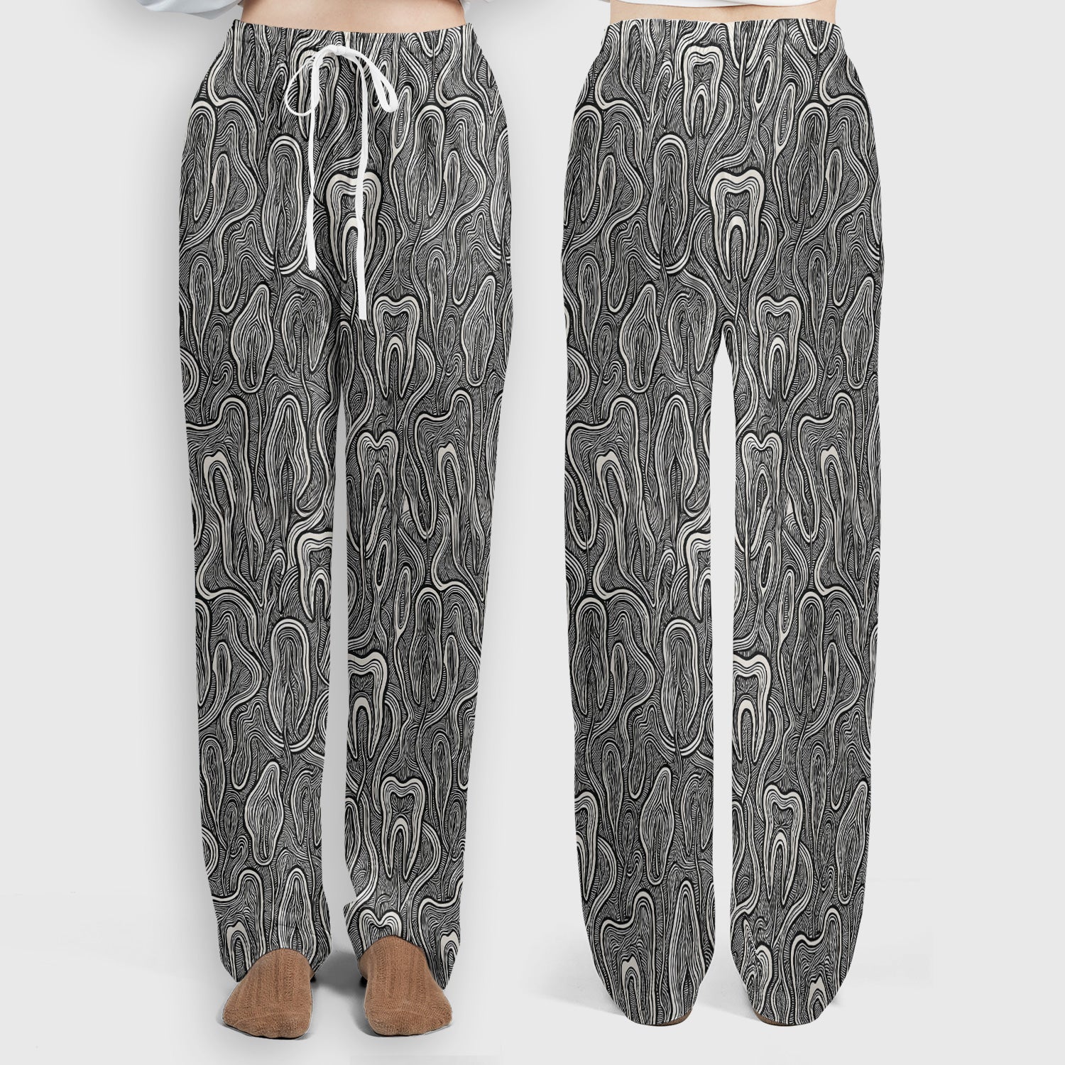 Dental Tooth Line Art Pattern Scrub Set, Scrub Pants and V Neck Top