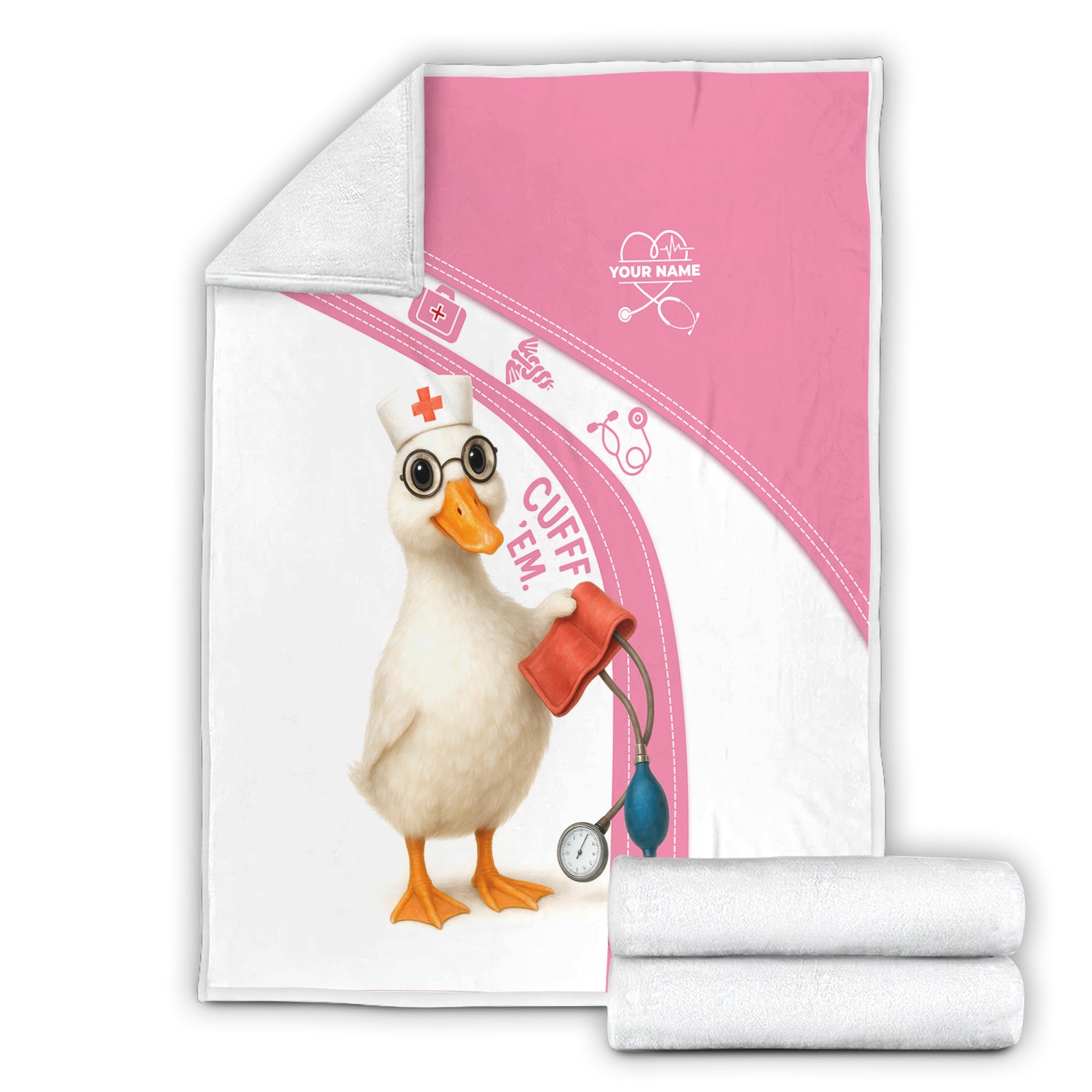 Personalized Funny Nurse Blanket - Duck Nurse with Blood Pressure Cuff Design - Custom Name Gift for RN LPN CNA Doctors and Medical Staff