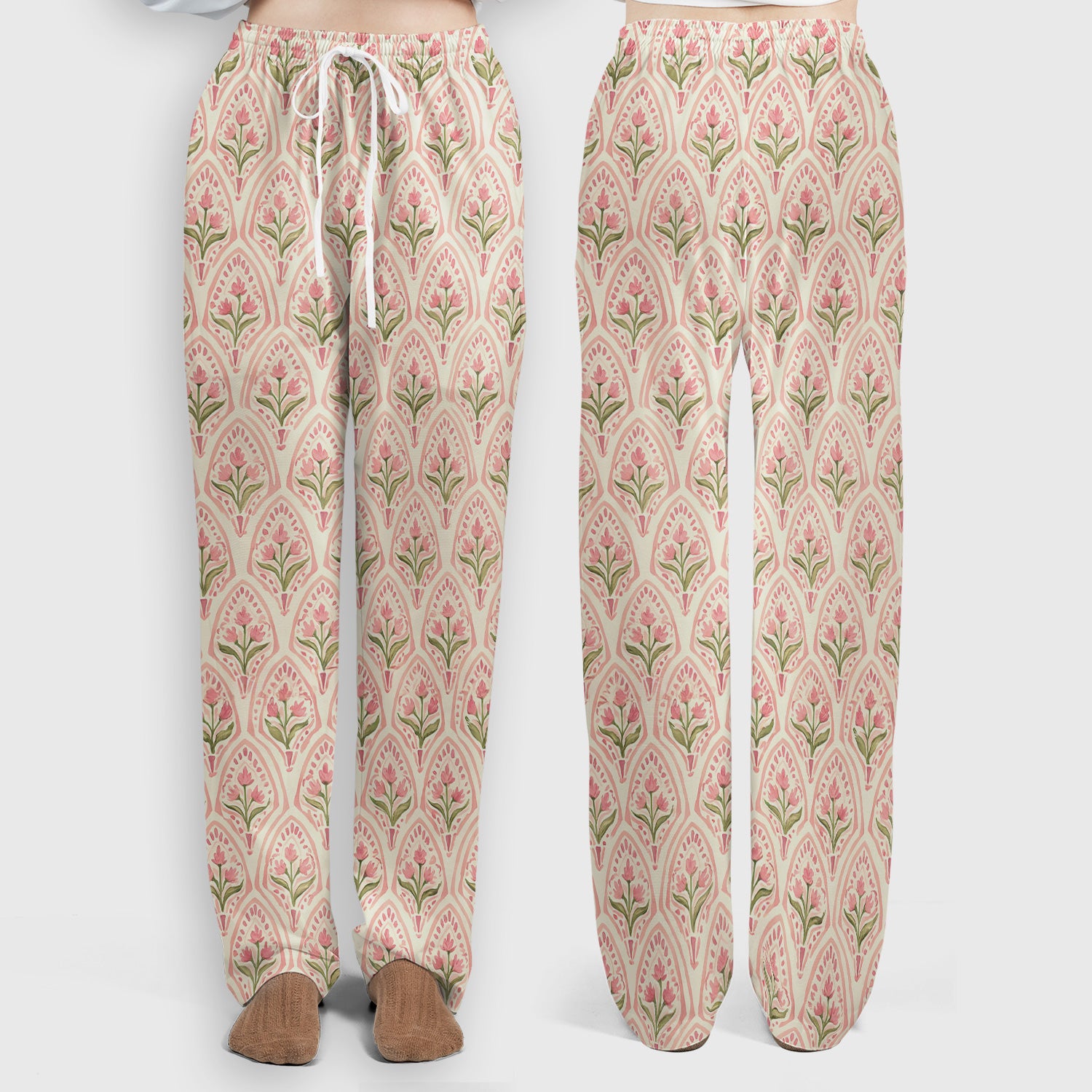 Pink Tulip Floral Arch Pattern Scrub Set, Scrub Pants and V Neck Top