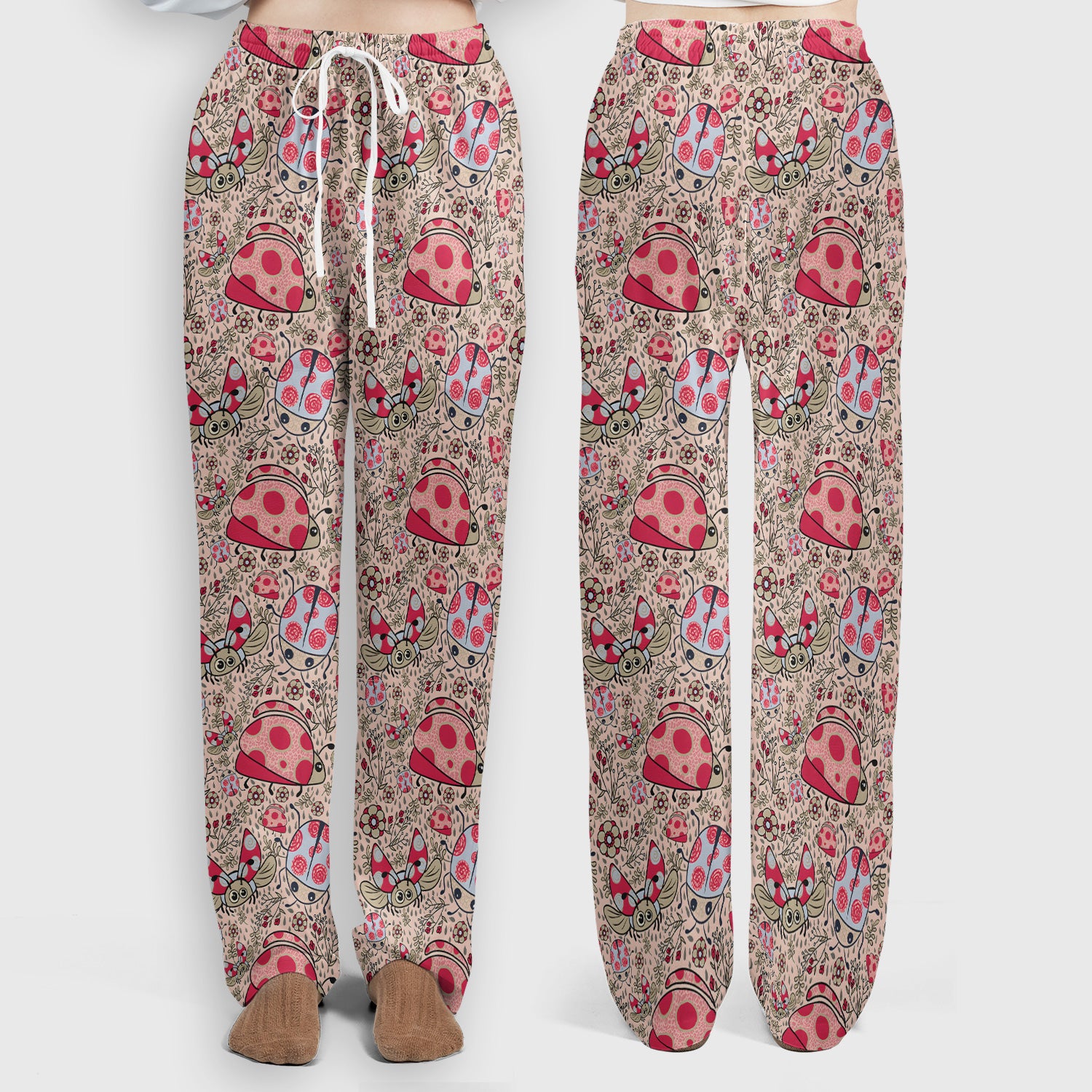 Cute Ladybug Rain Garden Pattern Scrub Set, Scrub Pants and V Neck Top
