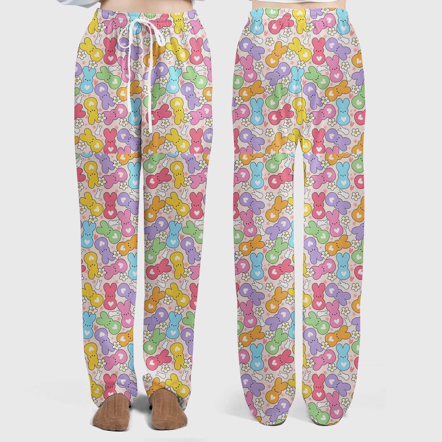 Sweet Pastel Bunny Daisy Pattern Scrub Sets, Scrub Pants and V Neck Top