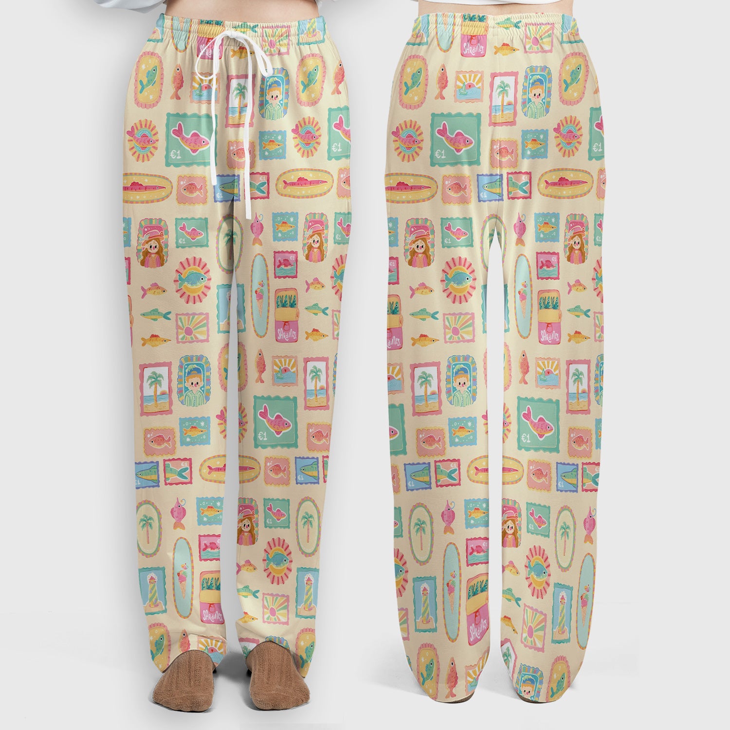 Coastal Vintage Postage Stamp Pattern Scrub Set, Scrub Pants and V Neck Top