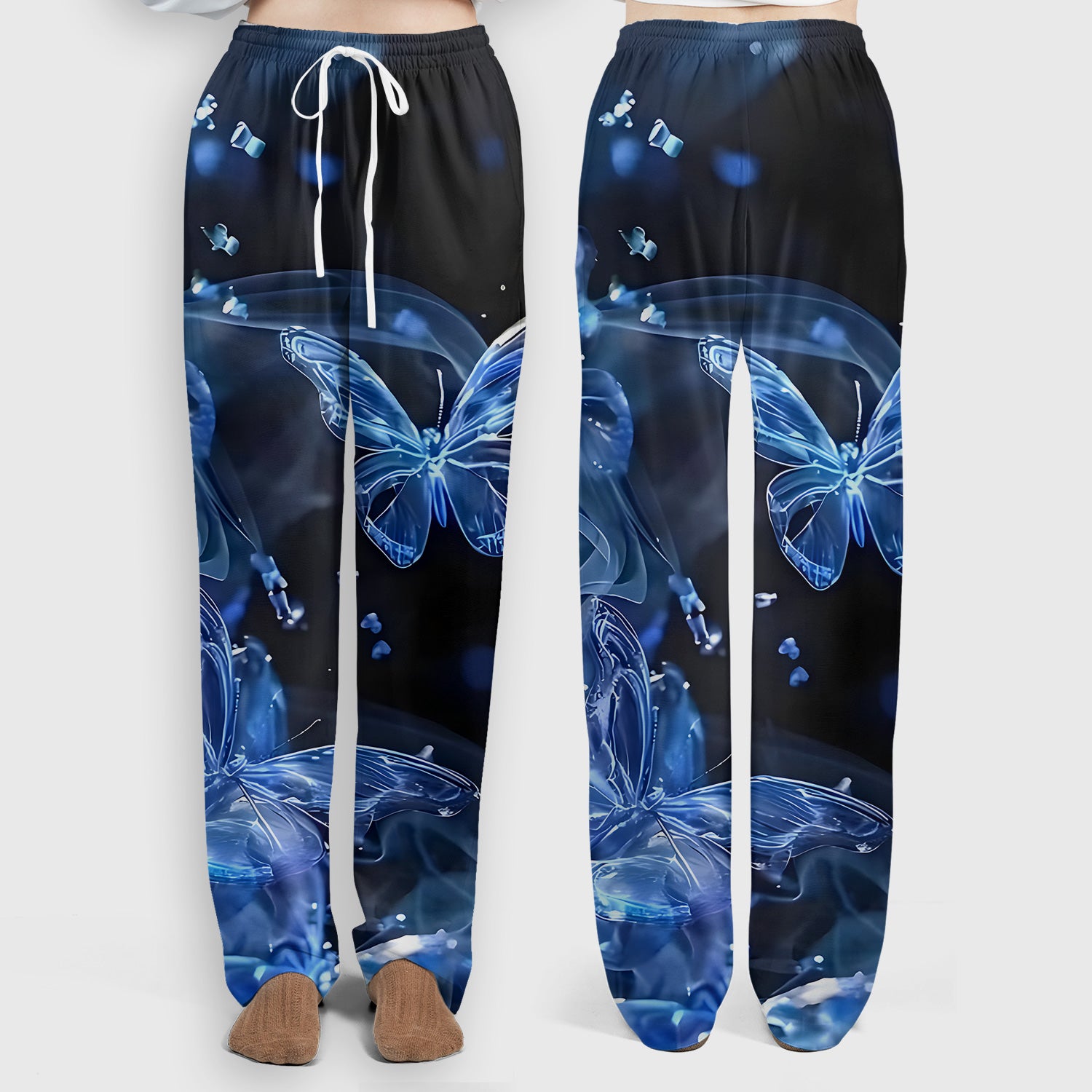 Glowing Blue Butterfly Garden Pattern Scrub Set, Scrub Pants and V Neck Top