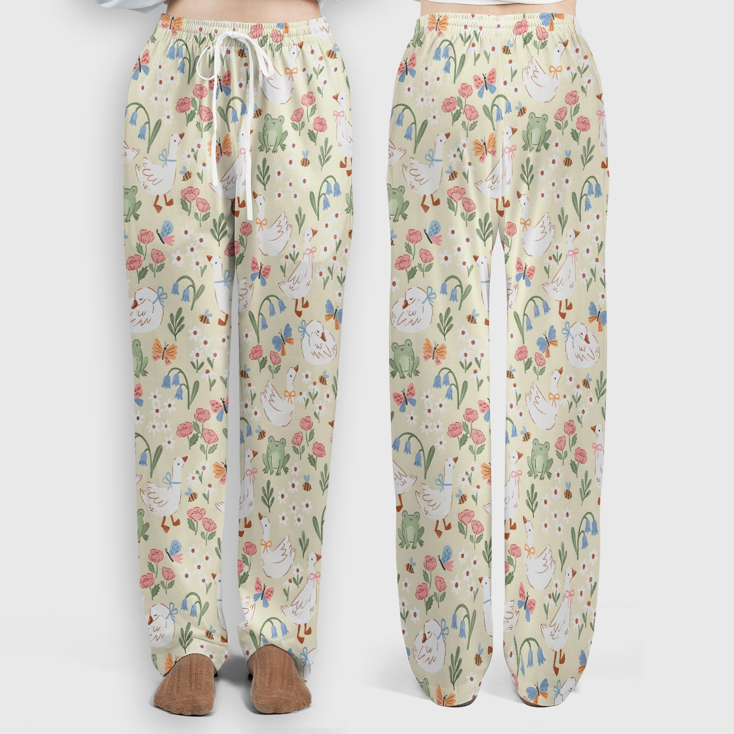 Cute Goose & Frog Garden Print Scrub Set, Scrub Pants and V Neck Top
