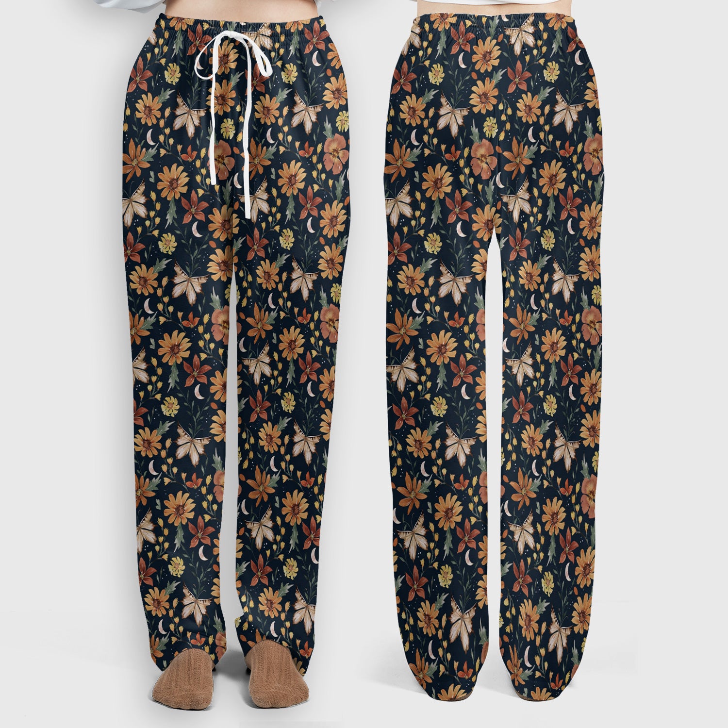 Charming Autumn Floral Butterfly Moon Pattern Scrub Set, Scrub Pants and V Neck Top