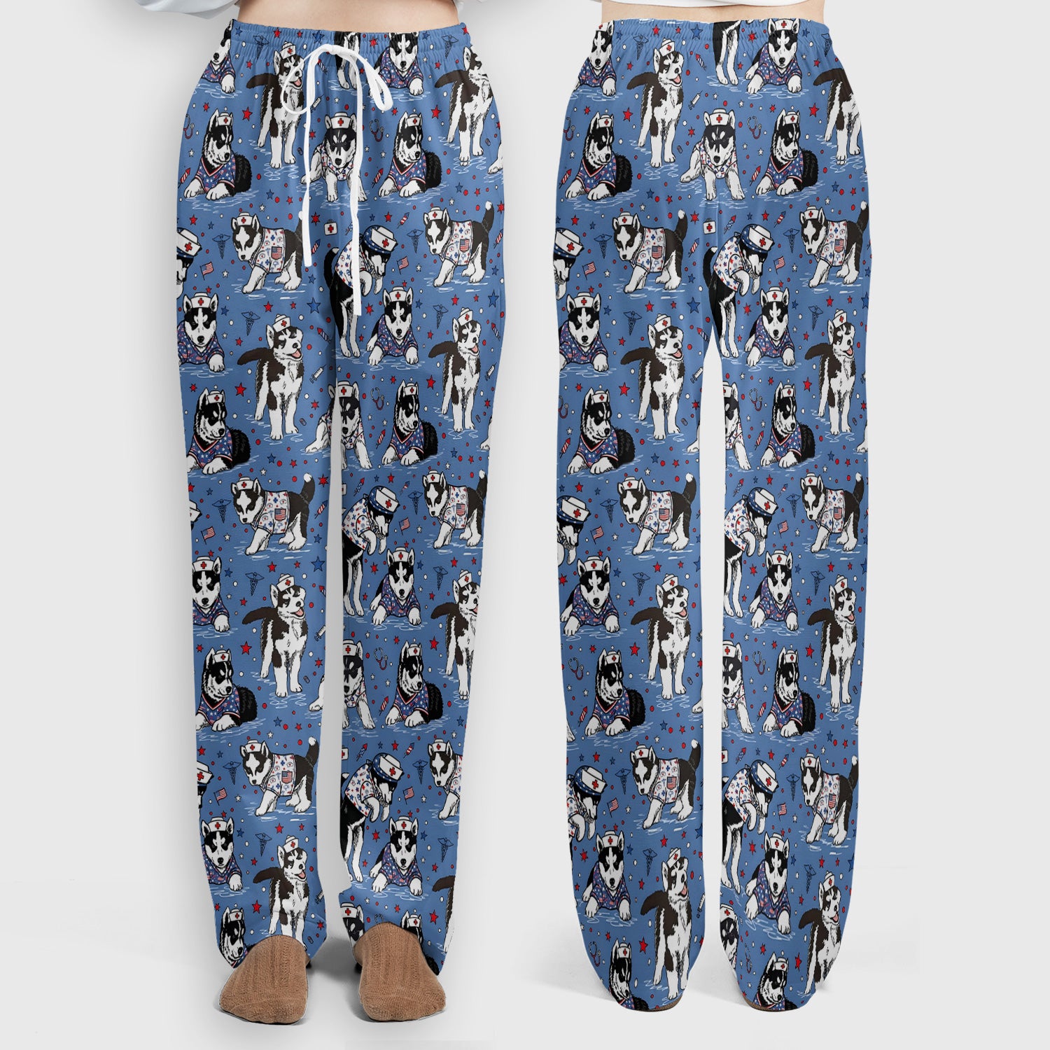 Cute Nurse Husky Dog Medical Pattern Scrub Set, Scrub Pants and V Neck Top