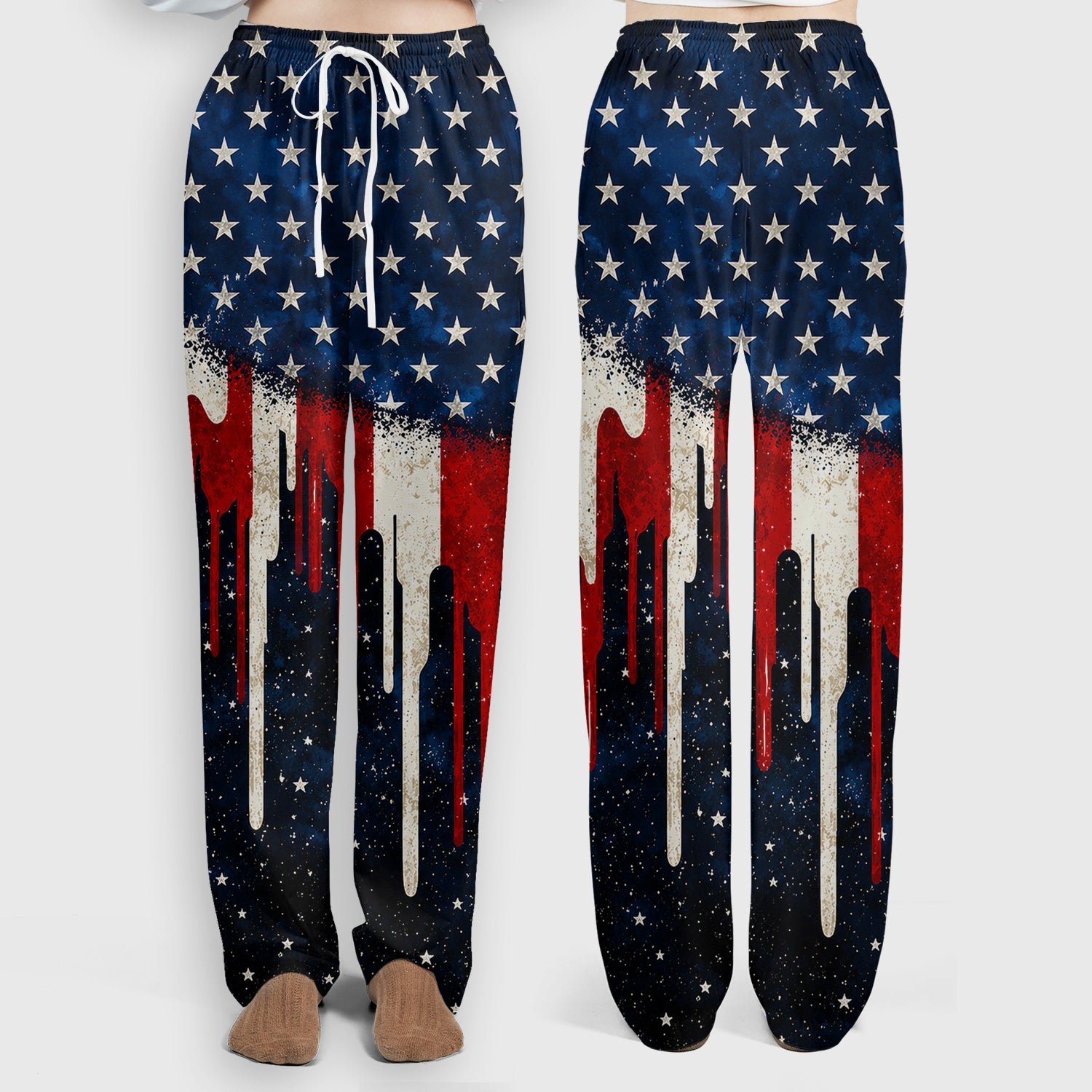 Festive Patriotic Dripping Flag Pattern Scrub Set, Scrub Pants and V Neck Top