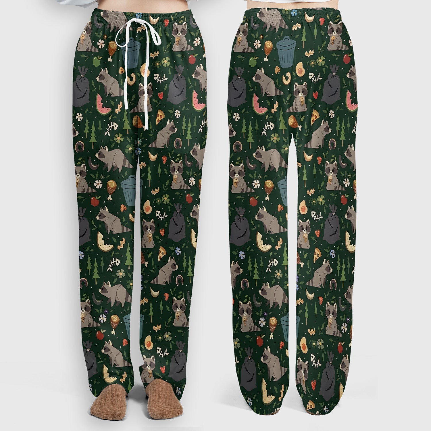 Cute Raccoon Forest Food Pattern Scrub Set, Scrub Pants and V Neck Top