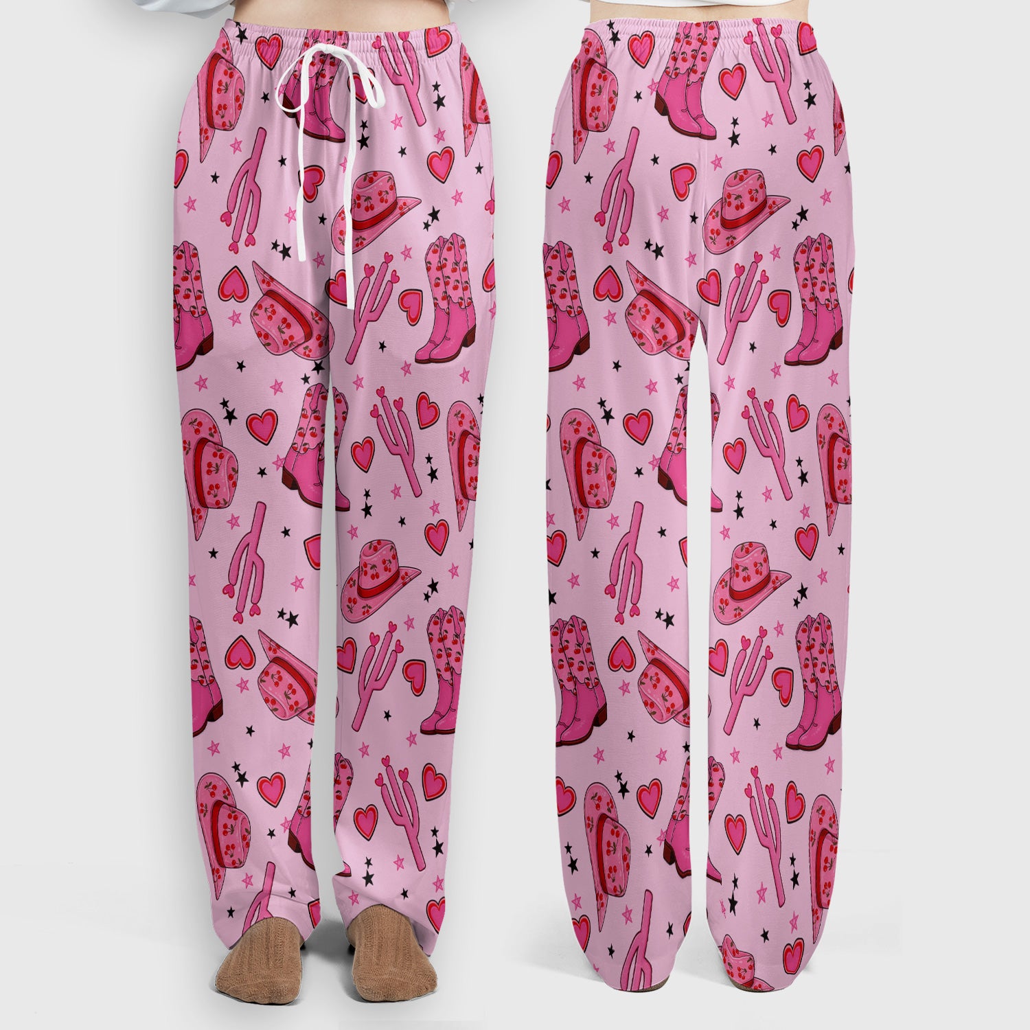 Pink Cowgirl Western Boots Hat Pattern Scrub Set, Scrub Pants and V Neck Top