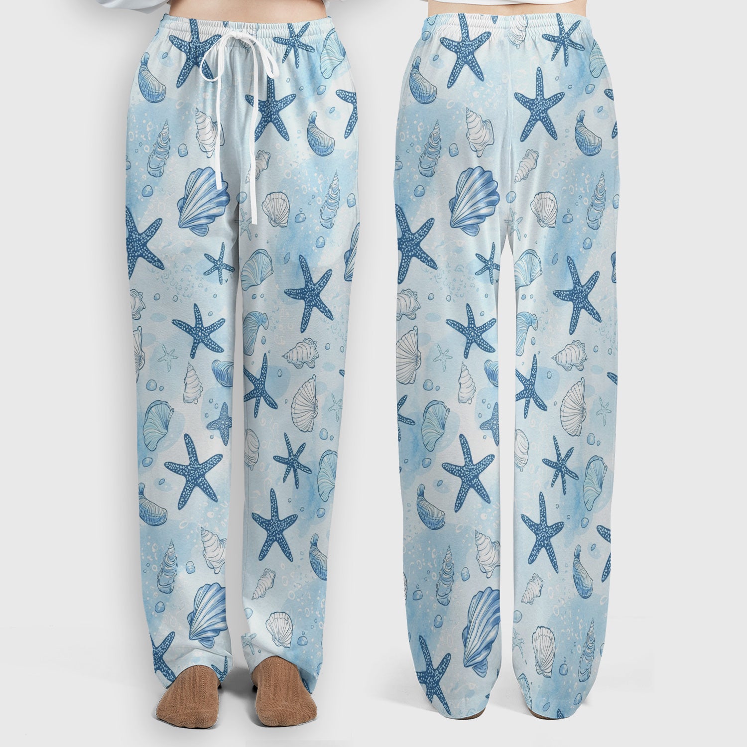 Blue Sea Shells Starfish Pattern Scrub Sets, Scrub Pants and V Neck Top