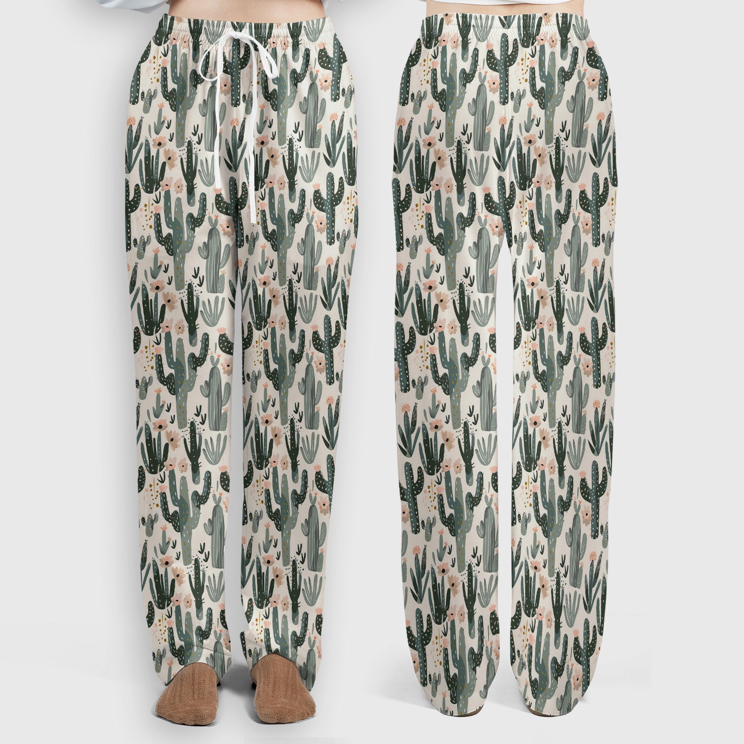 Green Cactus Desert Blossom Pattern Scrub Set, Scrub Pants and V Neck Top