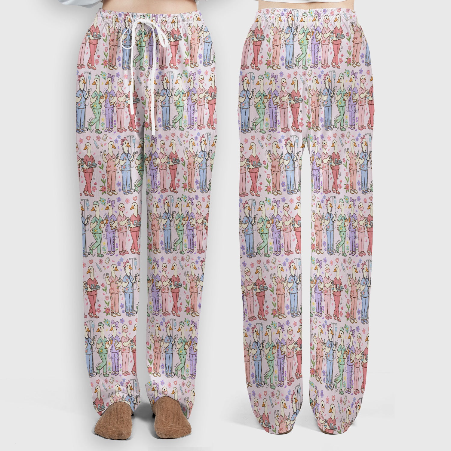 Goose Characters Floral Medical Team Uniform Pattern Scrub Set, Breathable Med Uniform