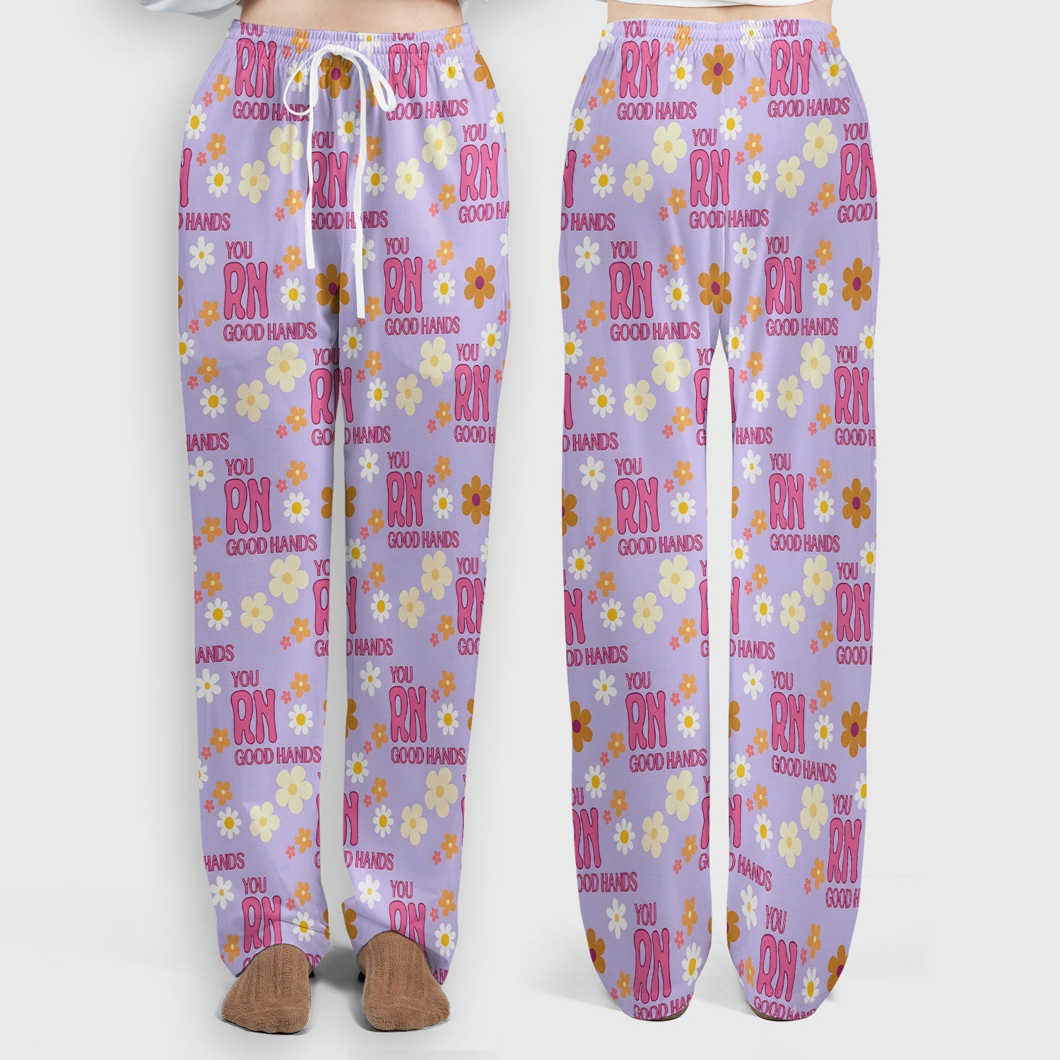 You RN Good Hands Floral Daisy Pattern Scrub Set, Scrub Pants and V Neck Top