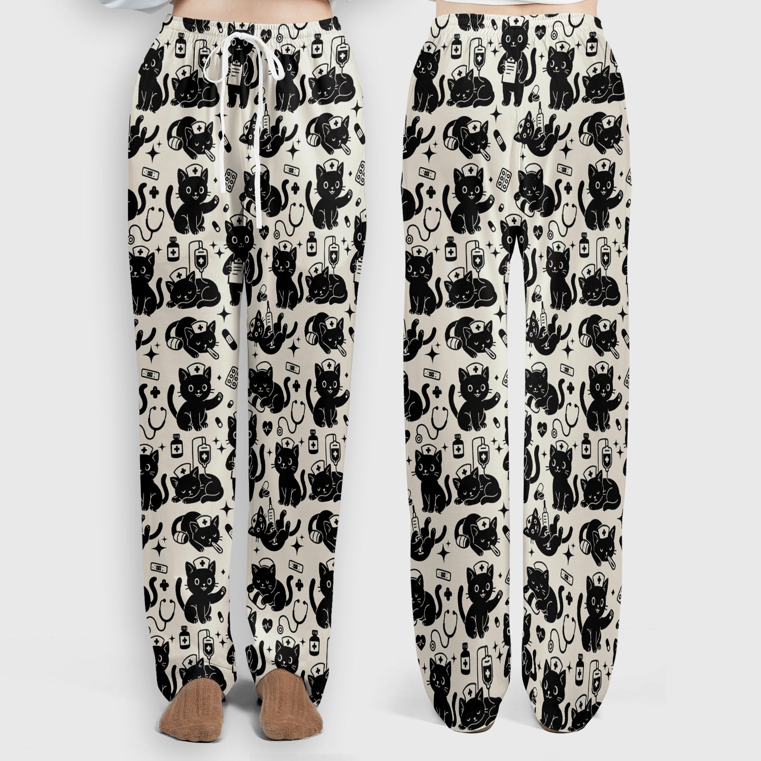 Cute Black Cat Nurse Pattern Scrub Set, Breathable Med Uniform