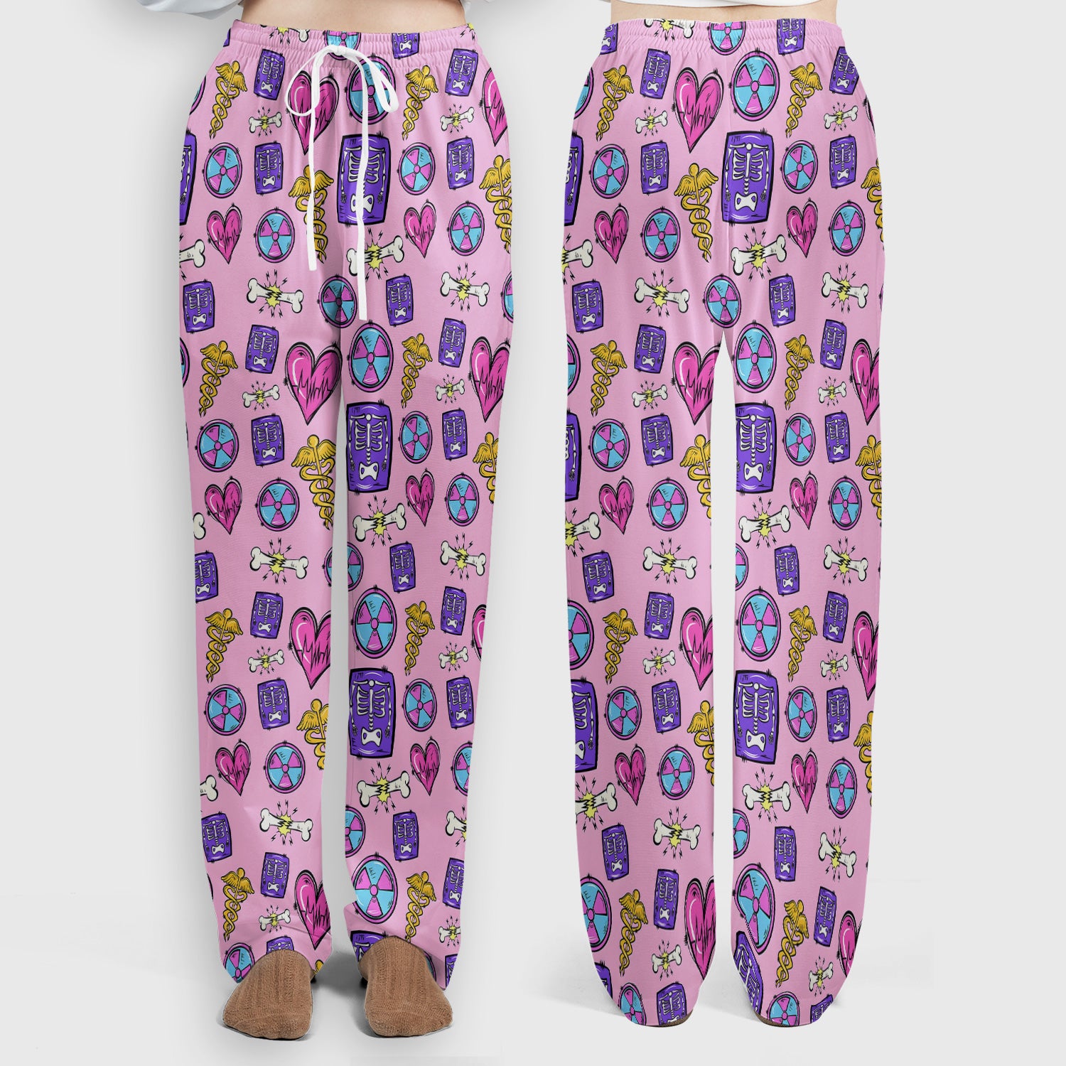 Sassy Nurse Heart Bone Caduceus Xray Icon Print Scrub Set, Scrub Pants and V Neck Top