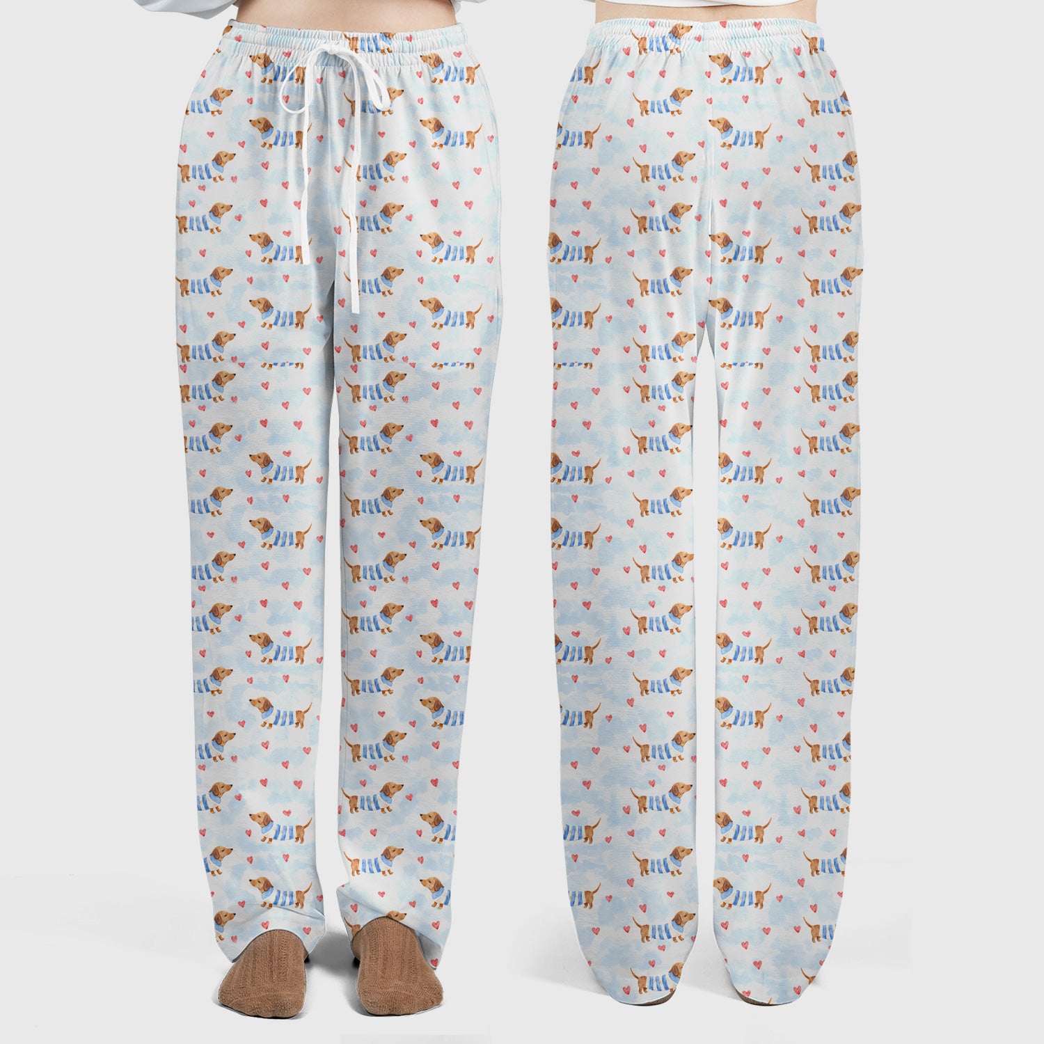 Sweet Dachshund And Pink Hearts Print Scrub Set, Scrub Pants and V Neck Top